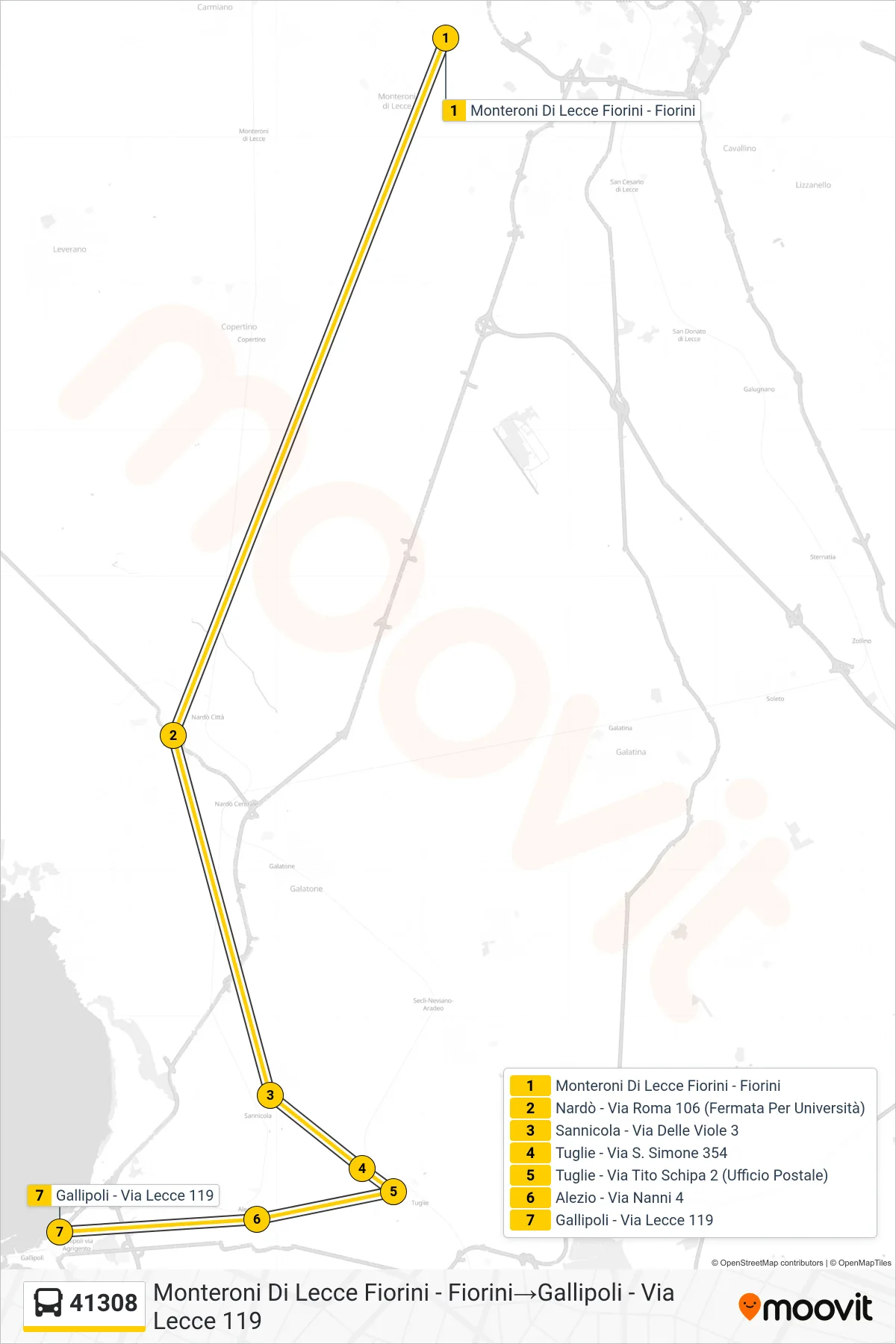 Linea 41308 bus (Monteroni Di Lecce Fiorini - Fiorini→Gallipoli - Via Lecce 119) - Percorsi e fermate sulla mappa