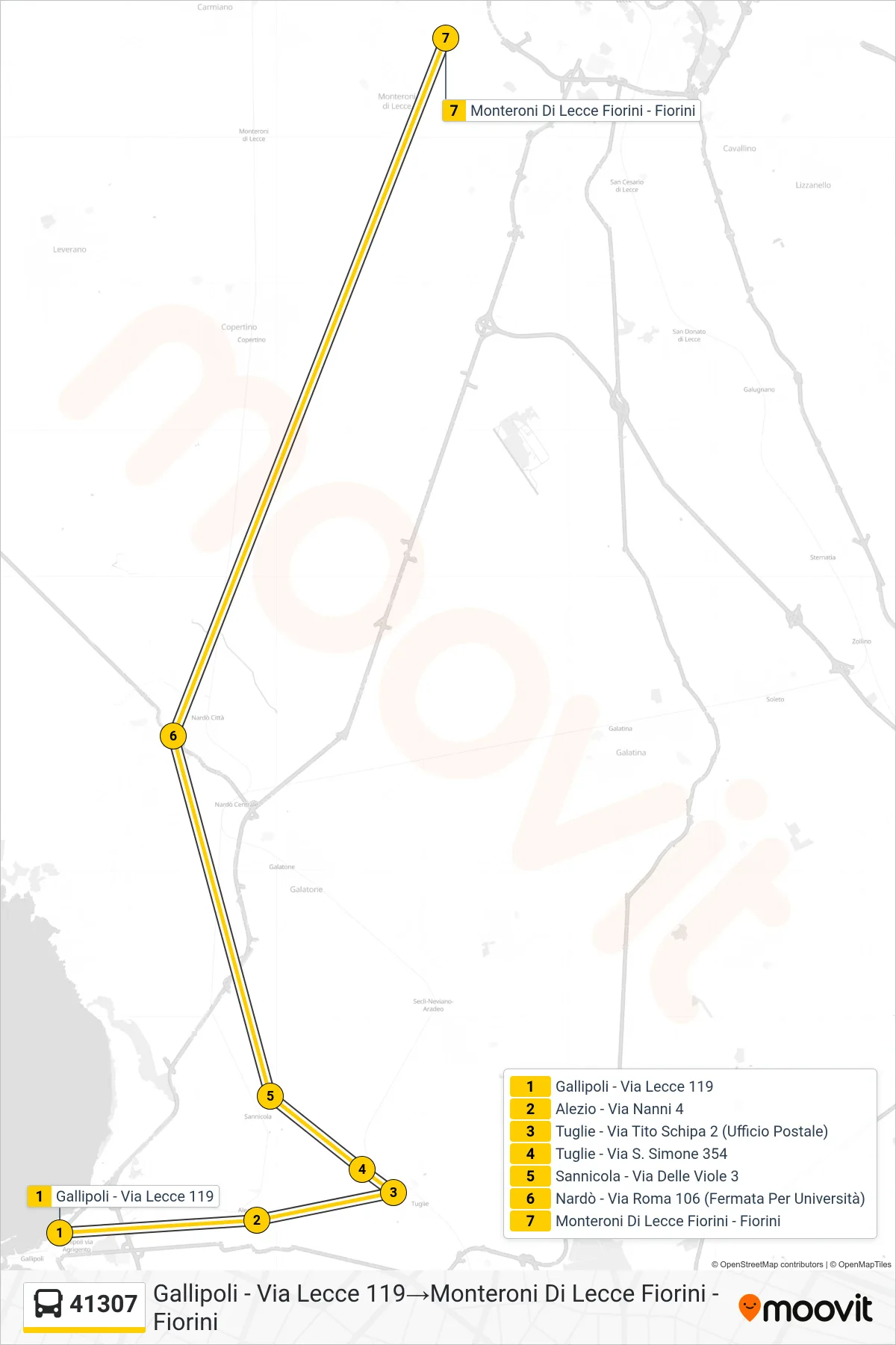 Linea 41307  bus (Gallipoli - Via Lecce 119‎→Monteroni Di Lecce Fiorini - Fiorini) - Percorsi e fermate sulla mappa