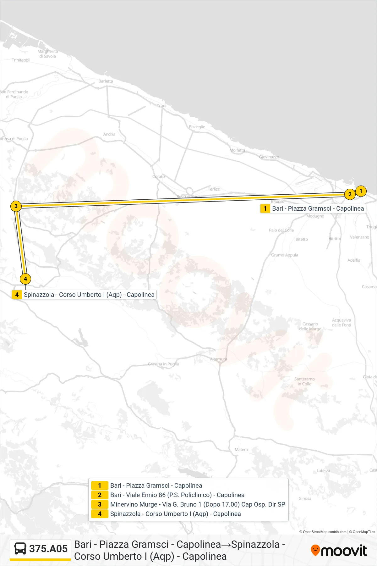 Linea 375.A05 bus (Bari - Piazza Gramsci - Capolinea→Spinazzola - Corso Umberto I (Aqp) - Capolinea) - Percorsi e fermate sulla mappa