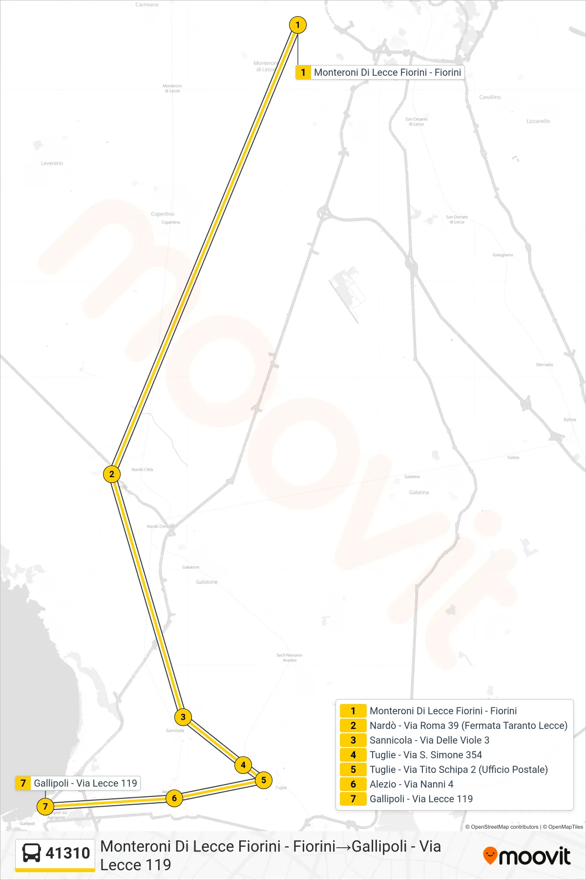Linea 41310  bus (Monteroni Di Lecce Fiorini - Fiorini‎→Gallipoli - Via Lecce 119) - Percorsi e fermate sulla mappa