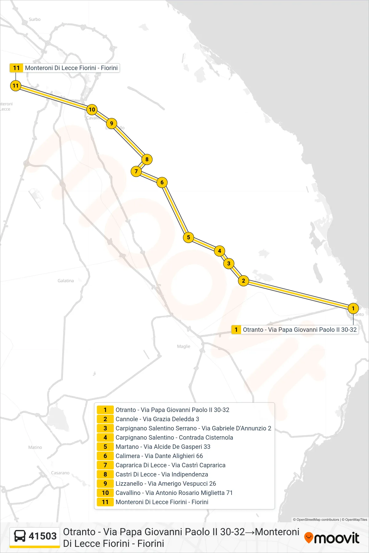 Linea 41503 bus (Otranto - Via Papa Giovanni Paolo II 30-32→Monteroni Di Lecce Fiorini - Fiorini) - Percorsi e fermate sulla mappa