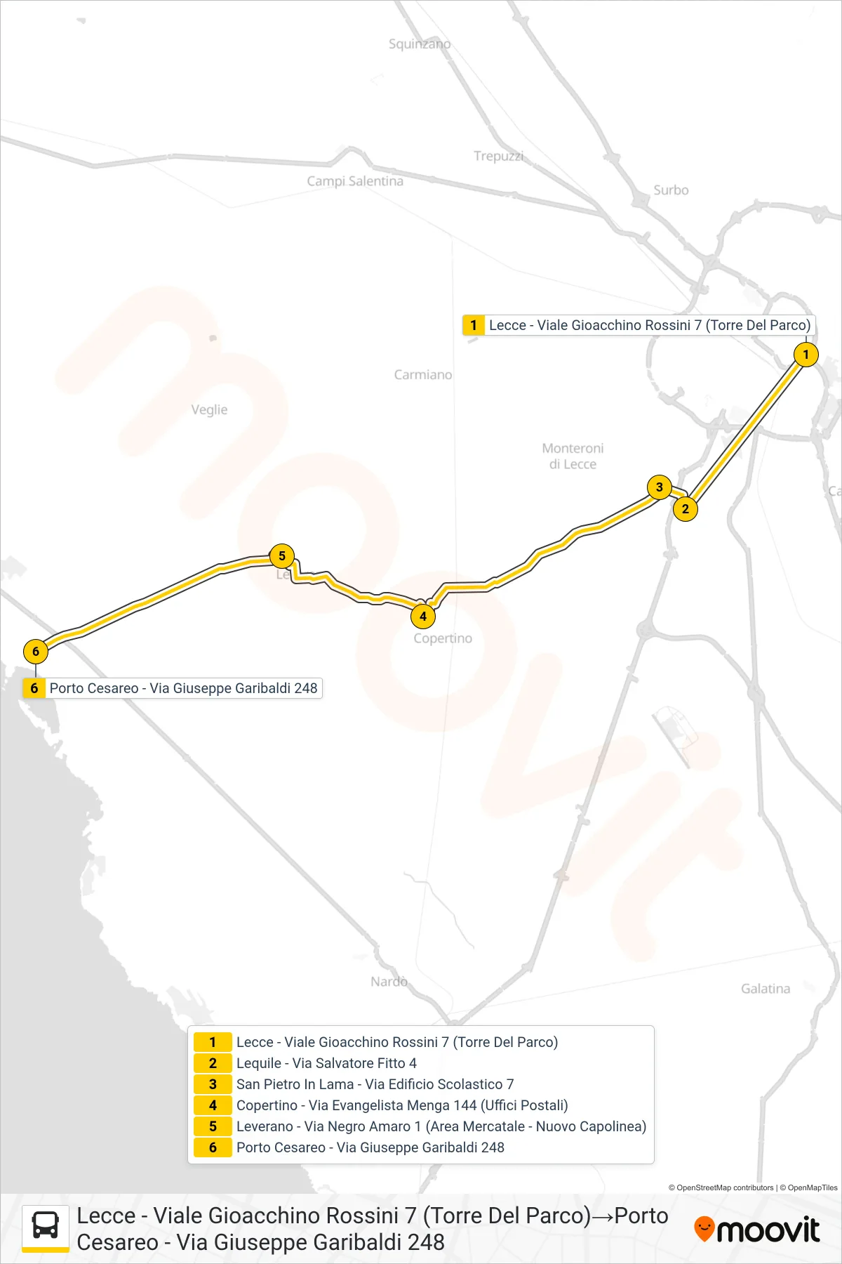 Linea 21114A - SPERIMENTALE bus (Lecce - Viale Gioacchino Rossini 7 (Torre Del Parco)→Porto Cesareo - Via Giuseppe Garibaldi 248) - Percorsi e fermate sulla mappa