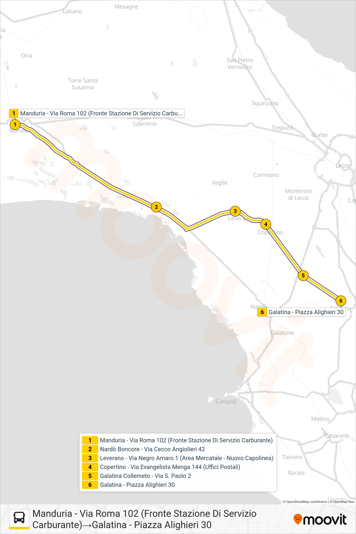 Linea 0552A - SPERIMENTALE bus (Manduria - Via Roma 102 (Fronte Stazione Di Servizio Carburante)→Galatina - Piazza Alighieri 30) - Percorsi e fermate sulla mappa