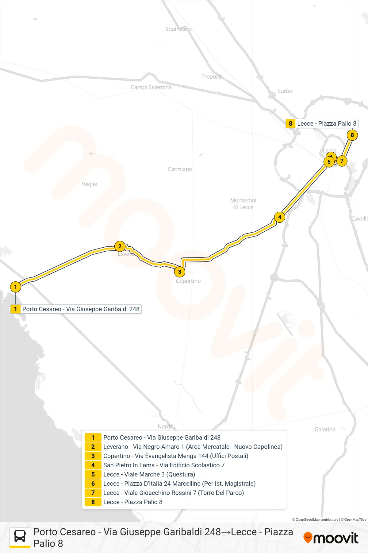 Linea 2113BA - SPERIMENTALE  bus (Porto Cesareo - Via Giuseppe Garibaldi 248‎→Lecce - Piazza Palio 8) - Percorsi e fermate sulla mappa