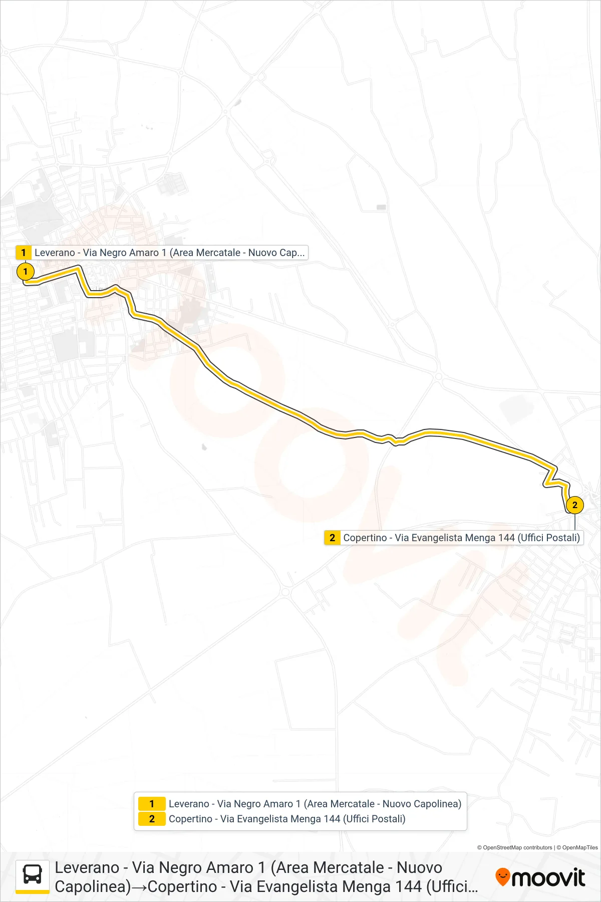 Linea 2117D - SPERIMENTALE  bus (Leverano - Via Negro Amaro 1 (Area Mercatale - Nuovo Capolinea)‎→Copertino - Via Evangelista Menga 144 (Uffici Postali)) - Percorsi e fermate sulla mappa