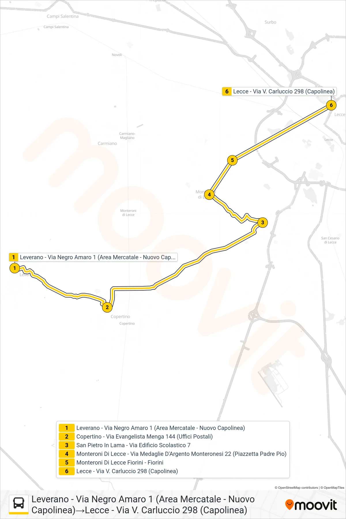 Linea 2117BS - SPERIMENTALE bus (Leverano - Via Negro Amaro 1 (Area Mercatale - Nuovo Capolinea)→Lecce - Via V. Carluccio 298 (Capolinea)) - Percorsi e fermate sulla mappa