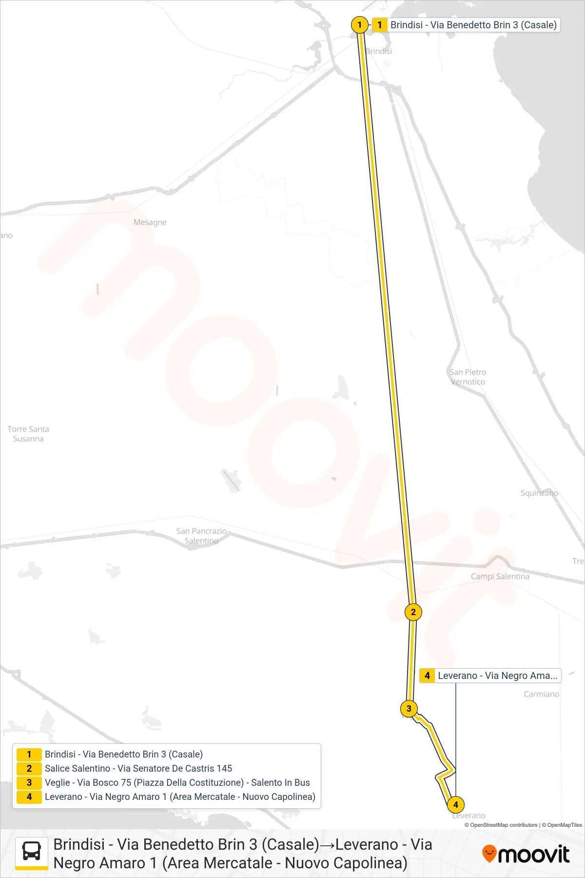 Linea 1034 -2 - SPERIMENTALE bus (Brindisi - Via Benedetto Brin 3 (Casale)→Leverano - Via Negro Amaro 1 (Area Mercatale - Nuovo Capolinea)) - Percorsi e fermate sulla mappa