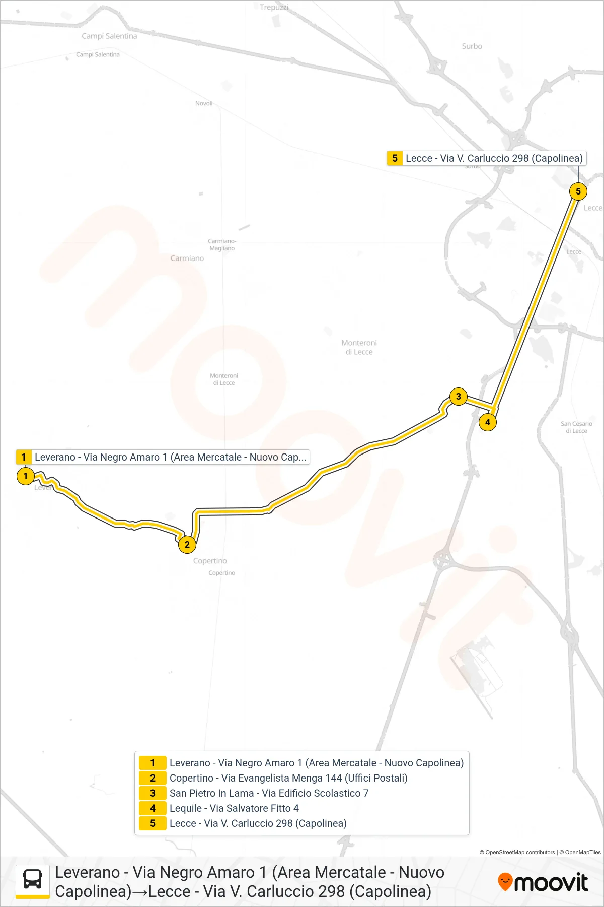 Linea 2111 A SPERIMENTALE bus (Leverano - Via Negro Amaro 1 (Area Mercatale - Nuovo Capolinea)→Lecce - Via V. Carluccio 298 (Capolinea)) - Percorsi e fermate sulla mappa