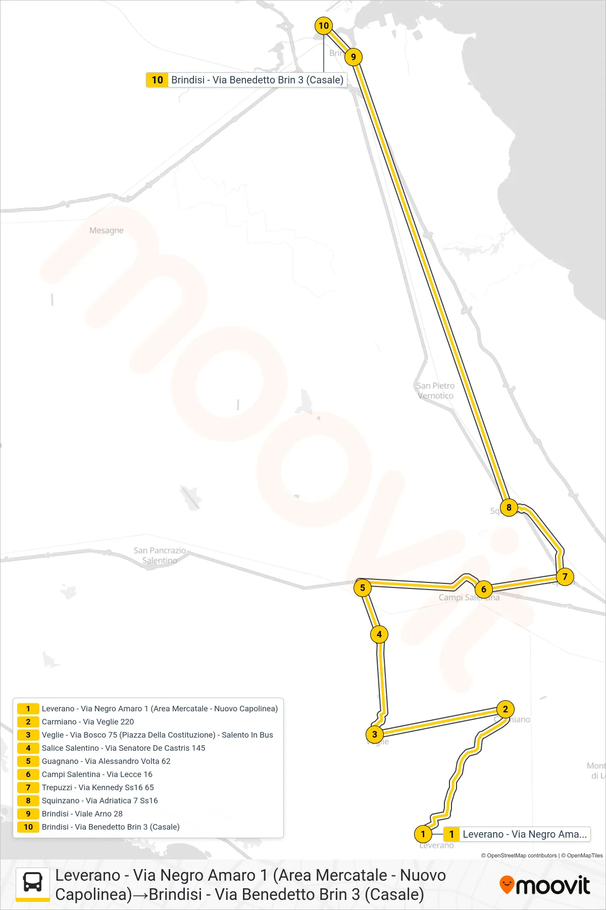 Linea 1037 - SPERIMENTALE bus (Leverano - Via Negro Amaro 1 (Area Mercatale - Nuovo Capolinea)→Brindisi - Via Benedetto Brin 3 (Casale)) - Percorsi e fermate sulla mappa