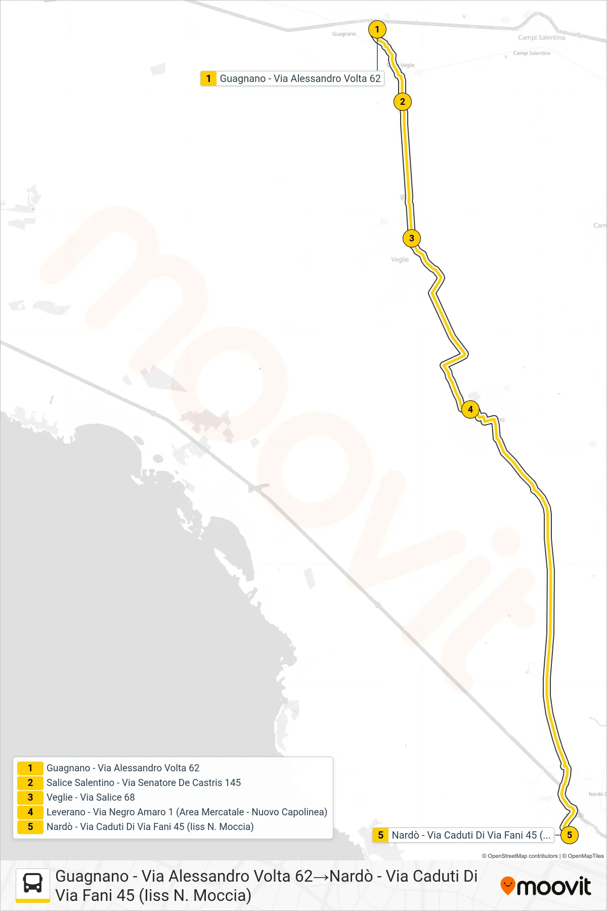 Linea 2263 - SPERIMENTALE bus (Guagnano - Via Alessandro Volta 62→Nardò - Via Caduti Di Via Fani 45 (Iiss N. Moccia)) - Percorsi e fermate sulla mappa