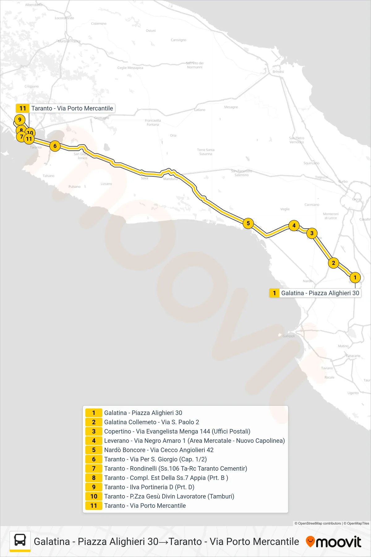 Linea 0551 - SPERIMENTALE  bus (Galatina - Piazza Alighieri 30‎→Taranto - Via Porto Mercantile) - Percorsi e fermate sulla mappa