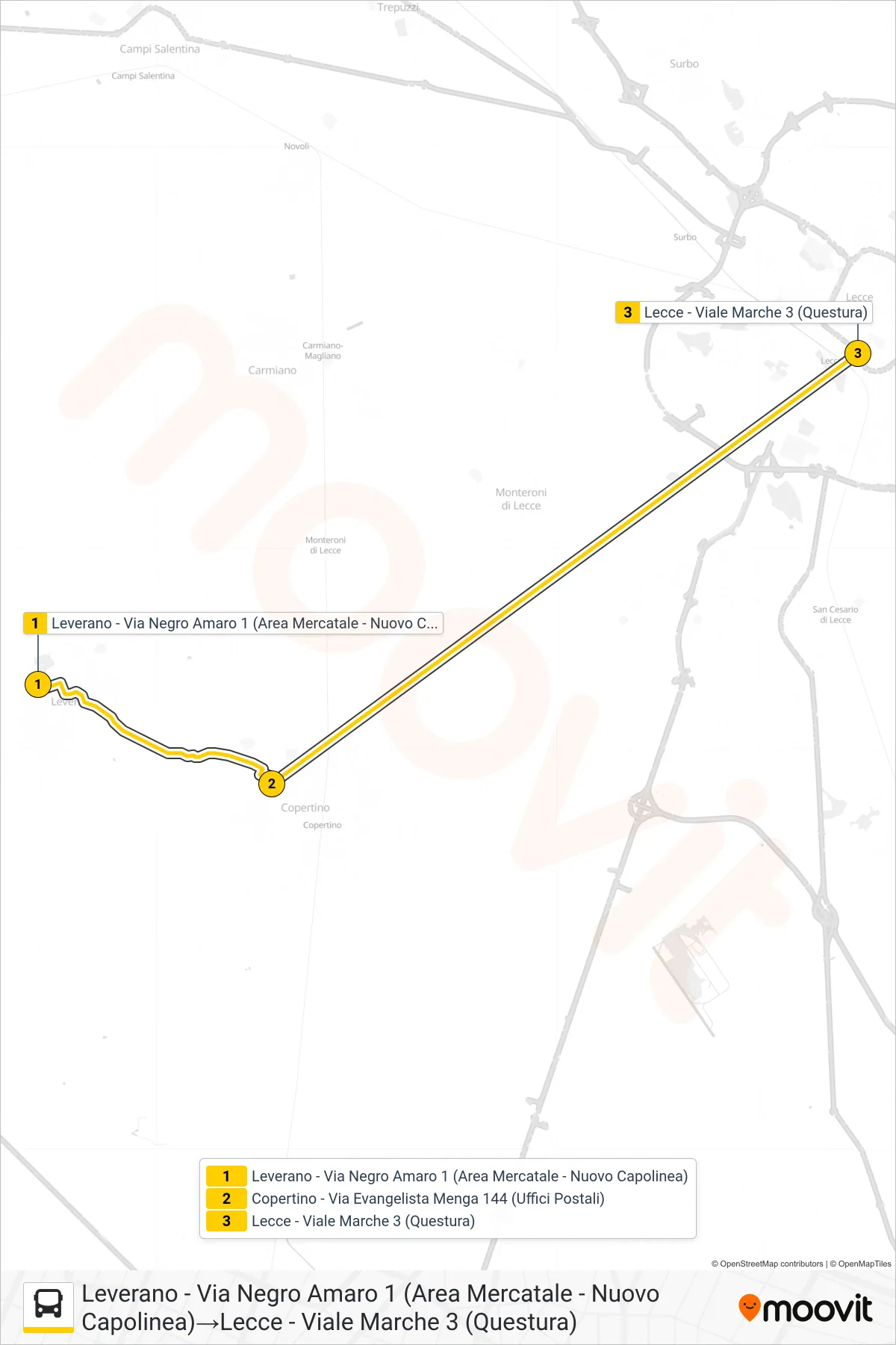 Linea 2115 - SPERIMENTALE  bus (Leverano - Via Negro Amaro 1 (Area Mercatale - Nuovo Capolinea)‎→Lecce - Viale Marche 3 (Questura)) - Percorsi e fermate sulla mappa