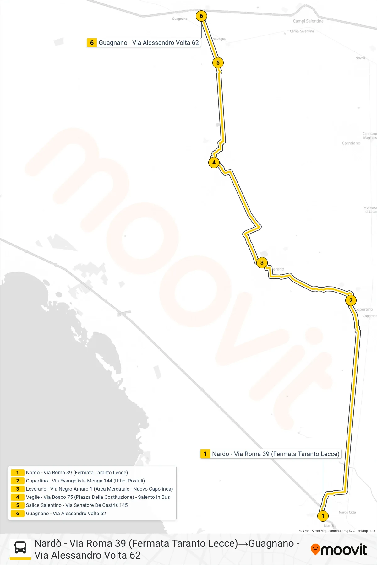 Linea 2264S - SPERIMENTALE bus (Nardò - Via Roma 39 (Fermata Taranto Lecce)→Guagnano - Via Alessandro Volta 62) - Percorsi e fermate sulla mappa