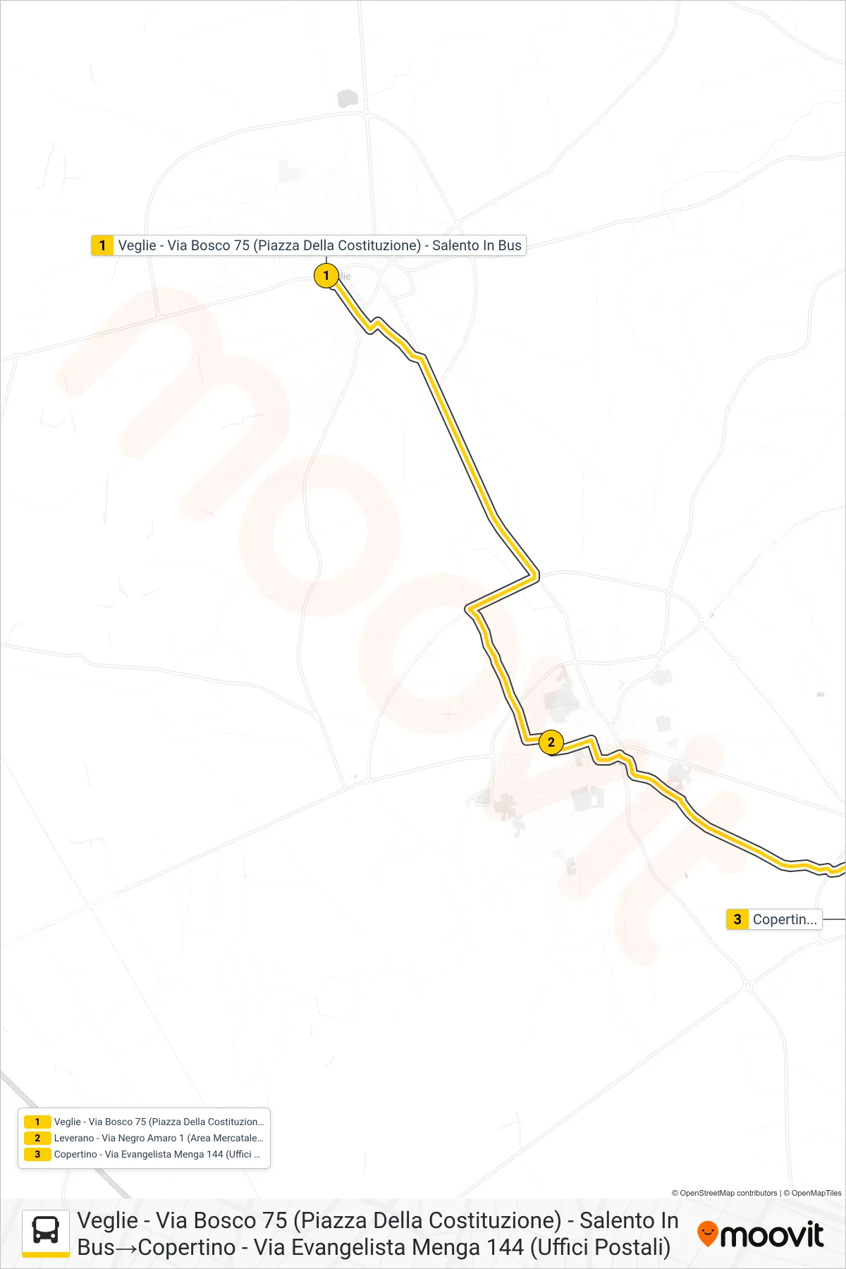 Linea 2117DA - SPERIMENTALE bus (Veglie - Via Bosco 75 (Piazza Della Costituzione) - Salento In Bus→Copertino - Via Evangelista Menga 144 (Uffici Postali)) - Percorsi e fermate sulla mappa