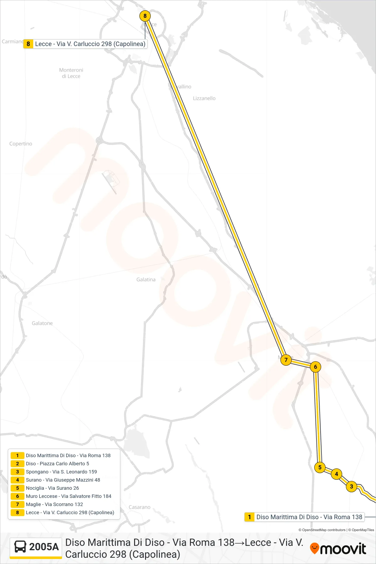 Linea 2005A bus (Diso Marittima Di Diso - Via Roma 138→Lecce - Via V. Carluccio 298 (Capolinea)) - Percorsi e fermate sulla mappa