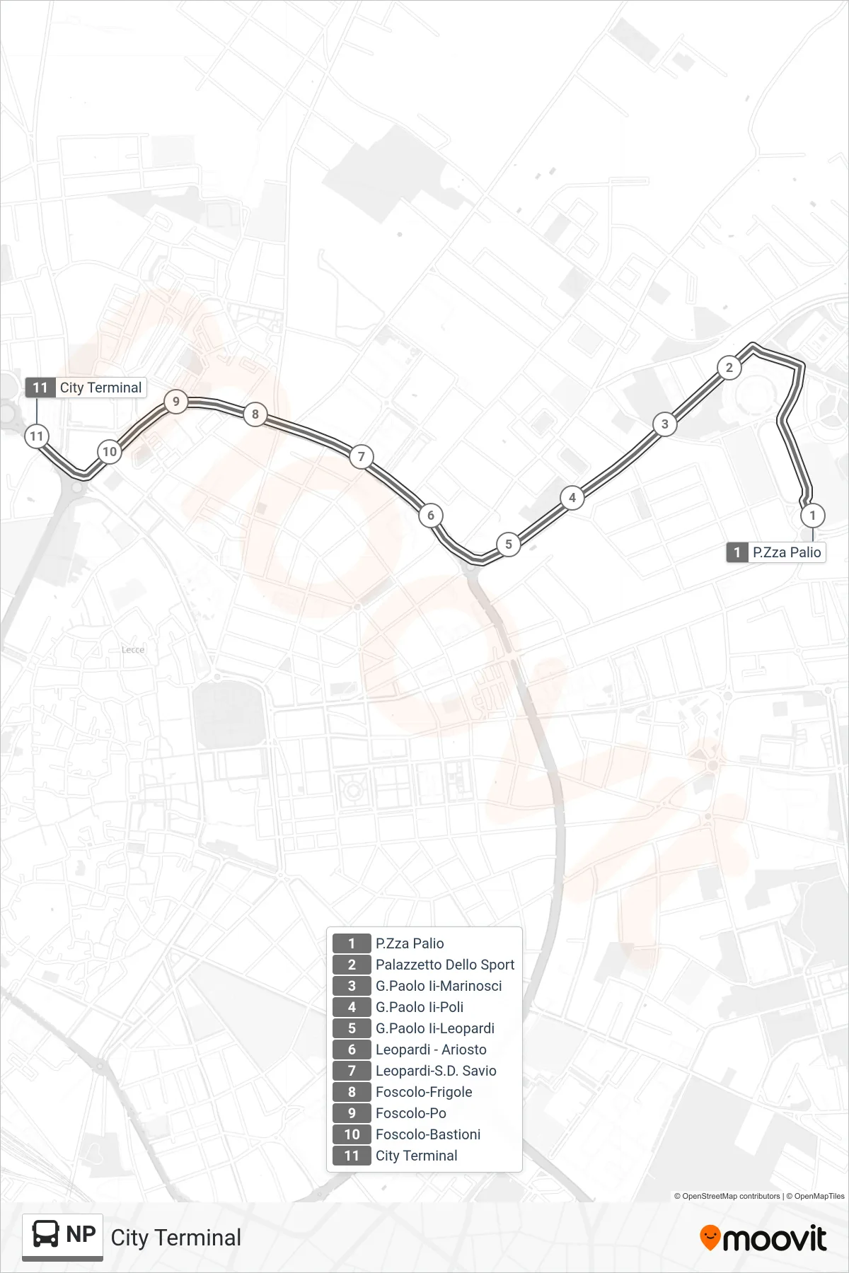 Linea NP  bus (City Terminal) - Percorsi e fermate sulla mappa