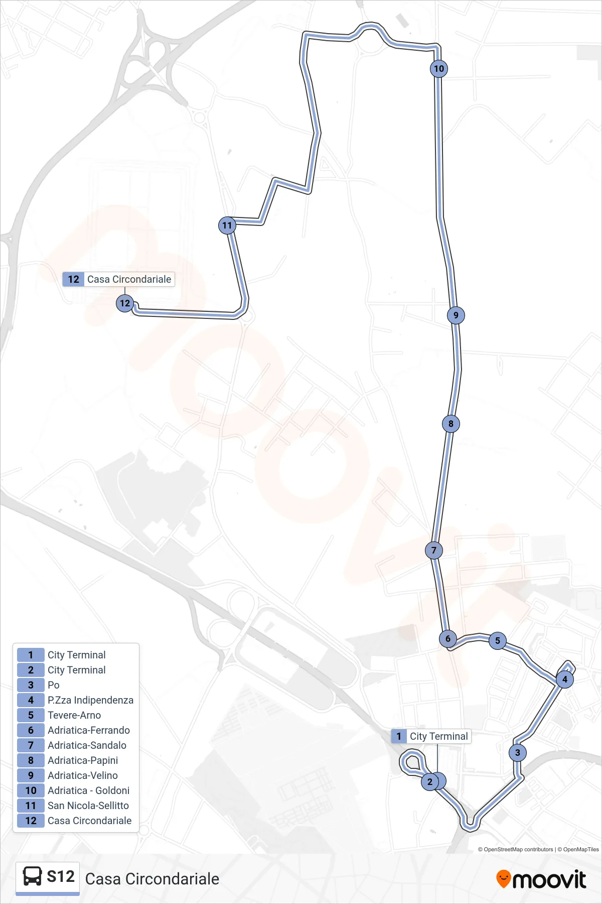 Linea S12  bus (Casa Circondariale) - Percorsi e fermate sulla mappa