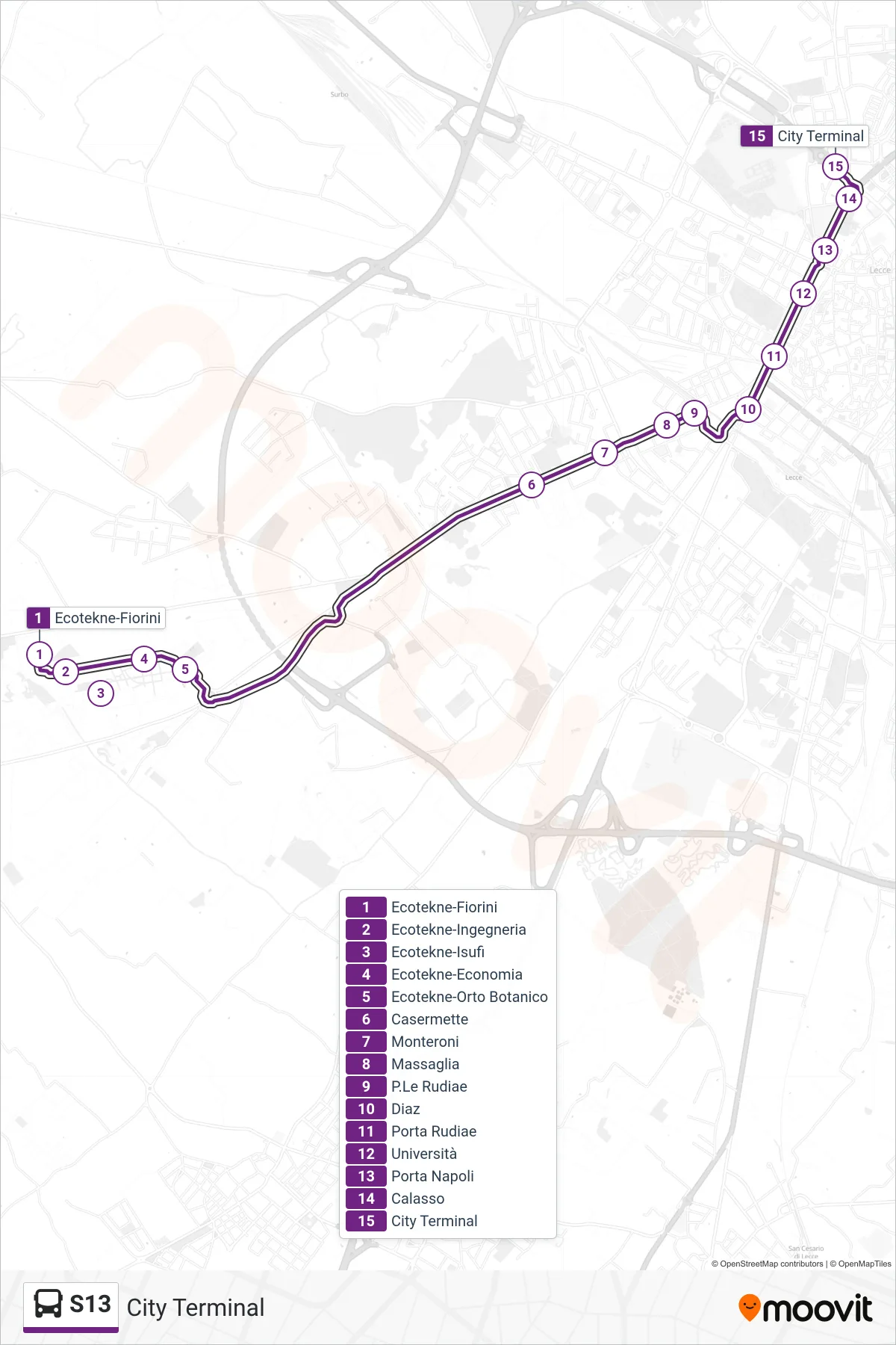 Linea S13 bus (City Terminal) - Percorsi e fermate sulla mappa