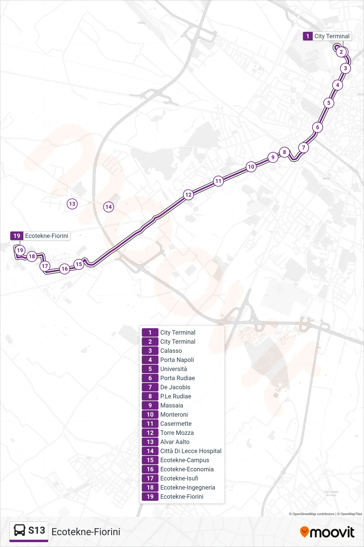 Linea S13  bus (Ecotekne-Fiorini) - Percorsi e fermate sulla mappa