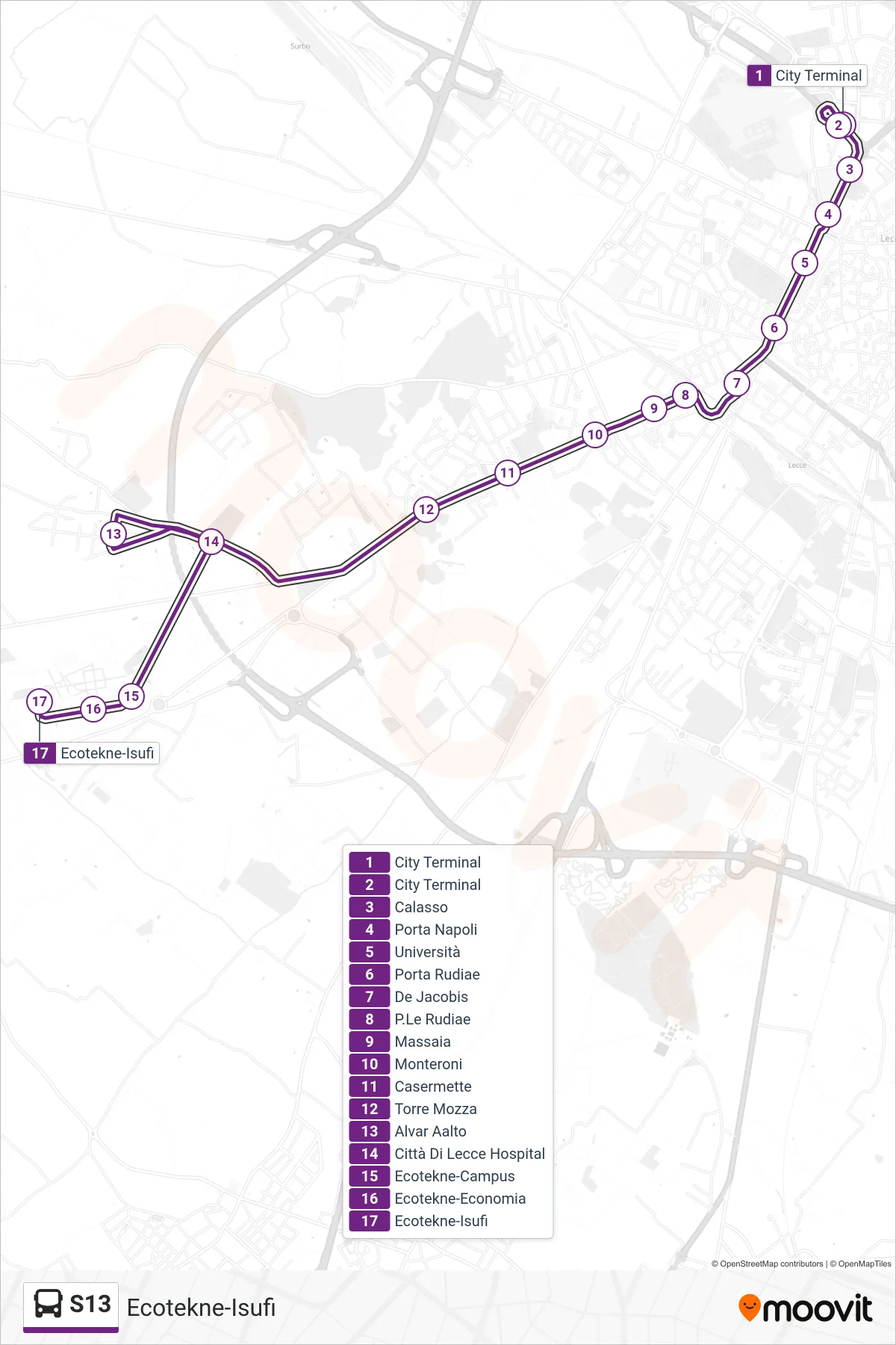 Linea S13 bus (Ecotekne-Isufi) - Percorsi e fermate sulla mappa