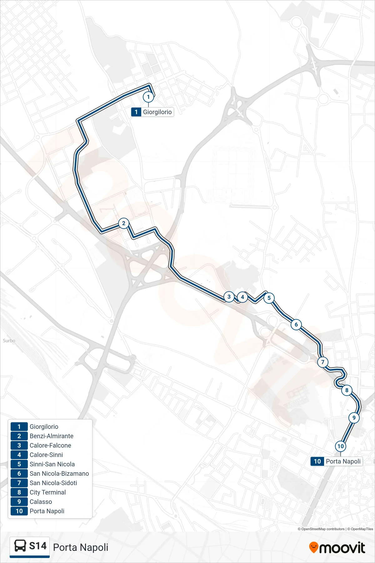 Linea S14 bus (Porta Napoli) - Percorsi e fermate sulla mappa
