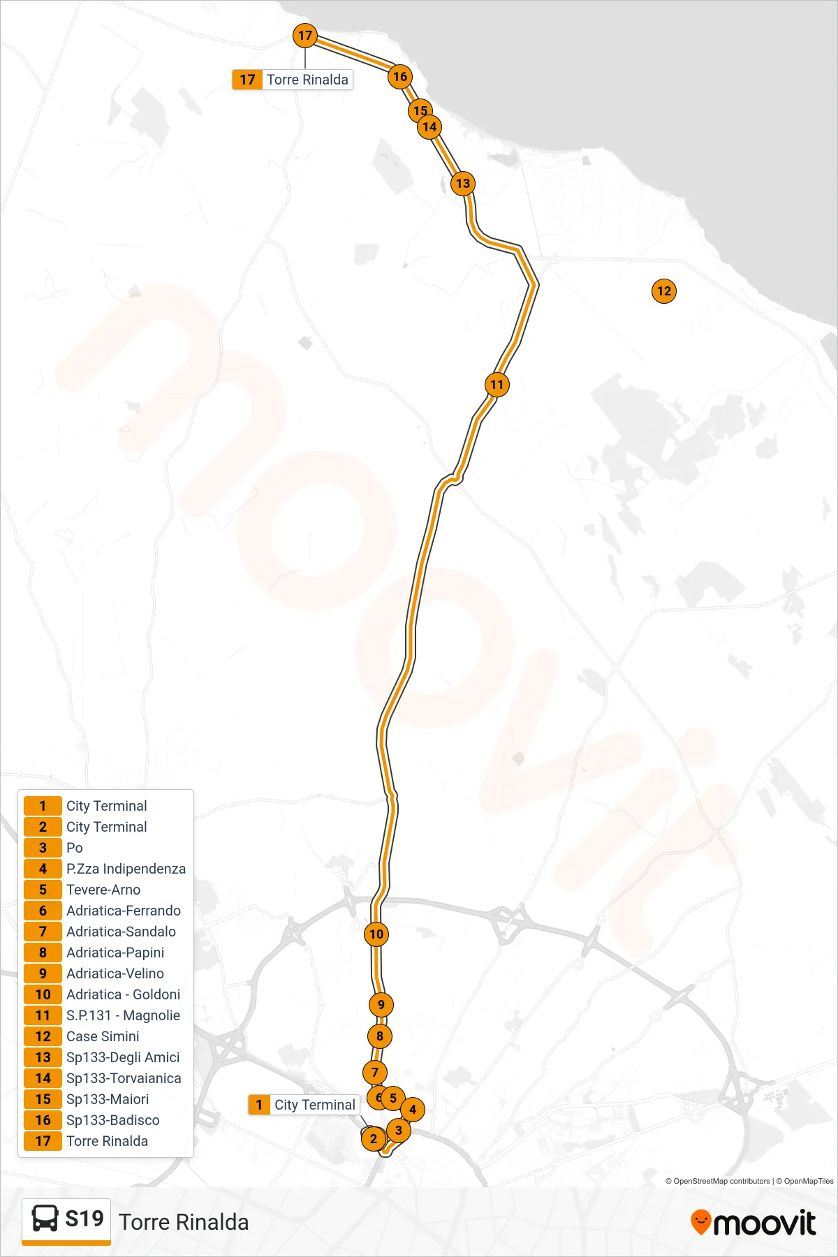 Linea S19 bus (Torre Rinalda) - Percorsi e fermate sulla mappa