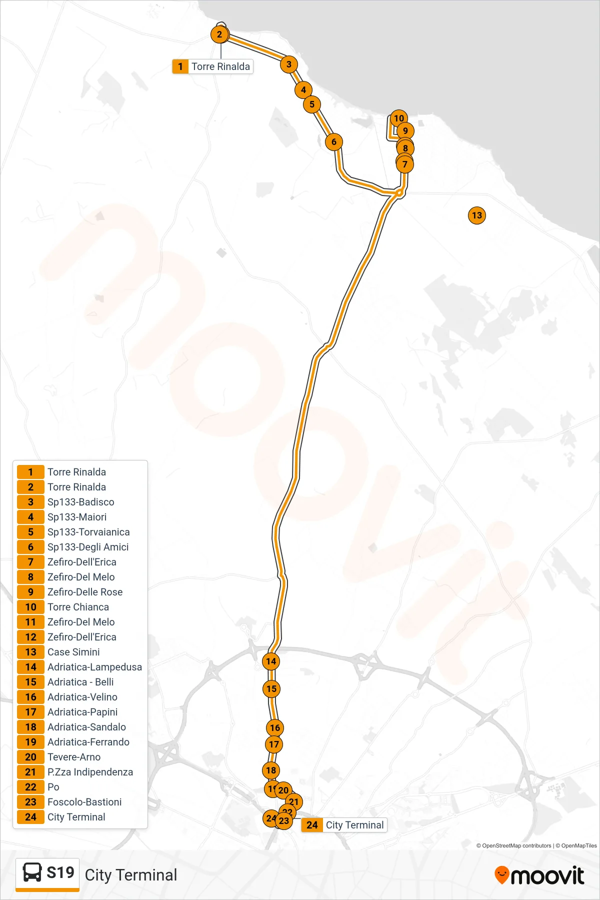 Linea S19 bus (City Terminal) - Percorsi e fermate sulla mappa