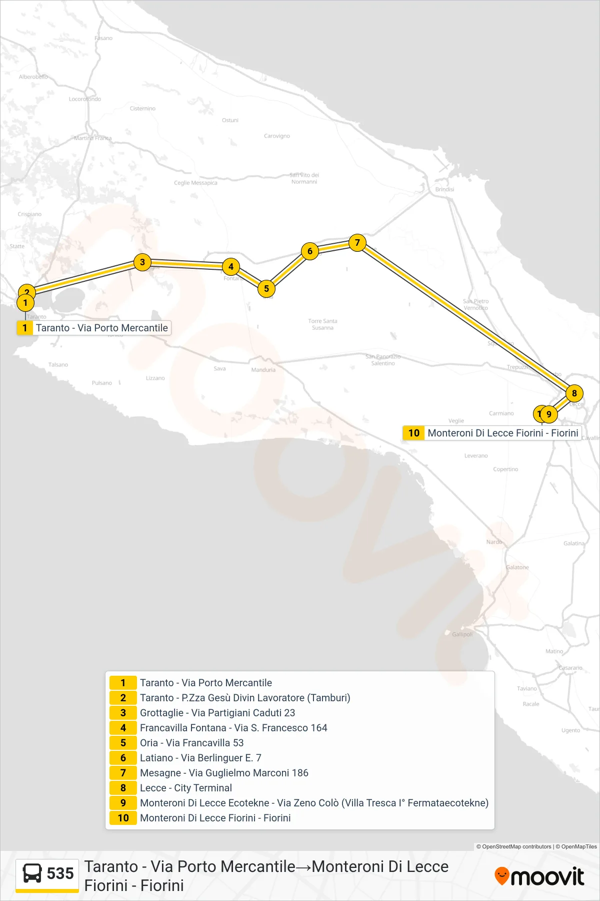 Linea 535 bus (Taranto - Via Porto Mercantile→Monteroni Di Lecce Fiorini - Fiorini) - Percorsi e fermate sulla mappa