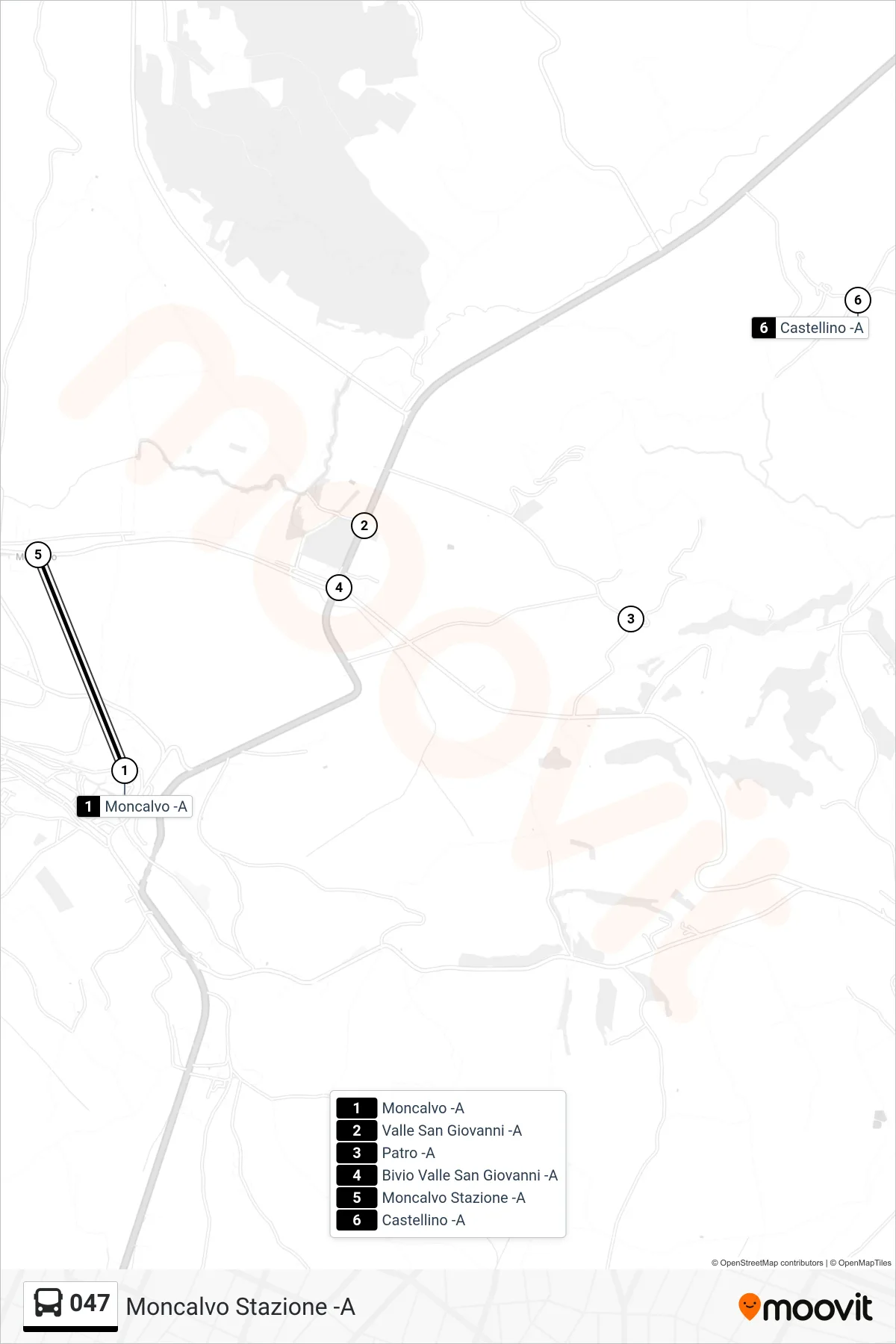 Linea 047  bus (Moncalvo Stazione -A) - Percorsi e fermate sulla mappa