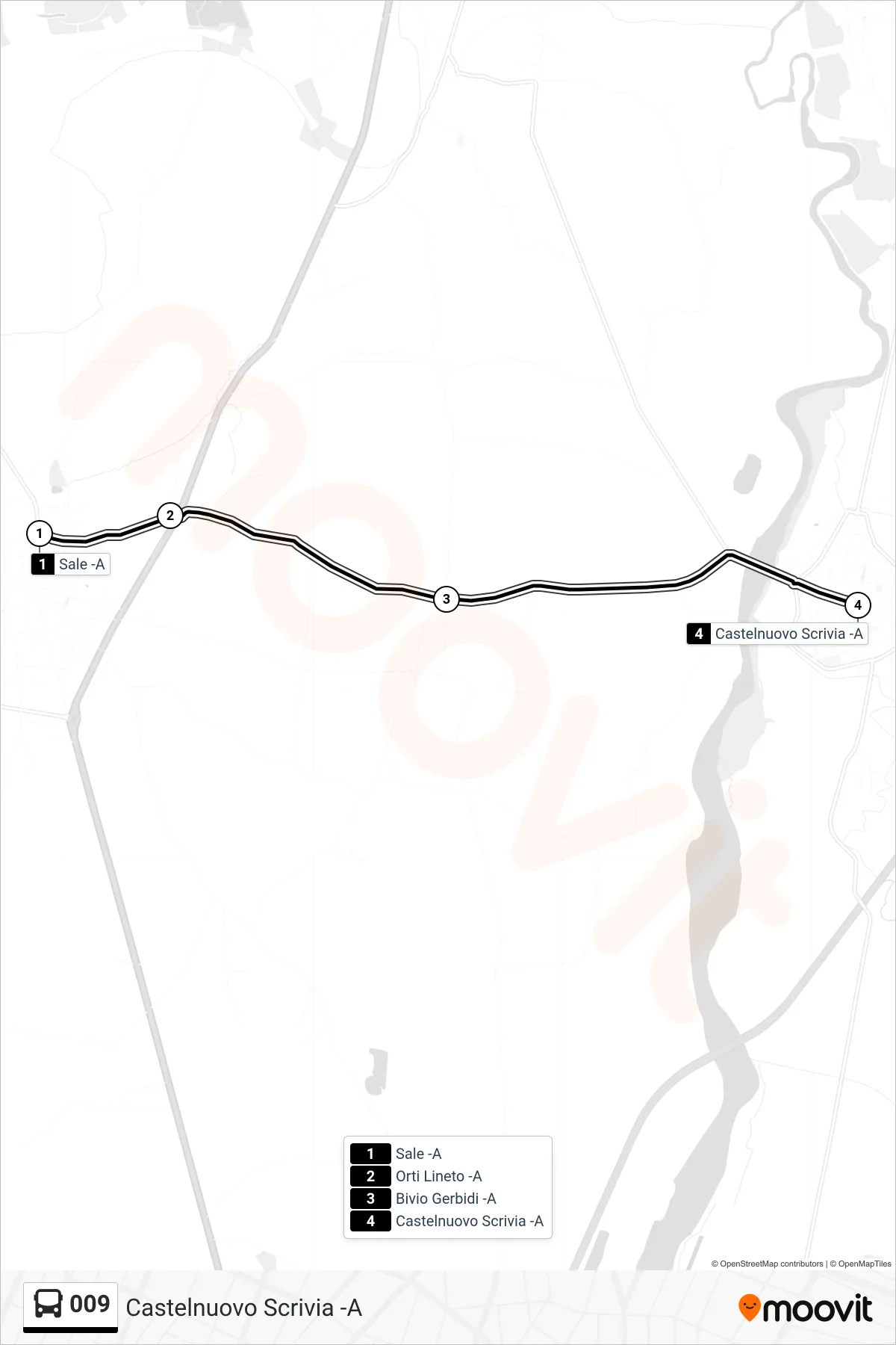 Linea 009  bus (Castelnuovo Scrivia -A) - Percorsi e fermate sulla mappa