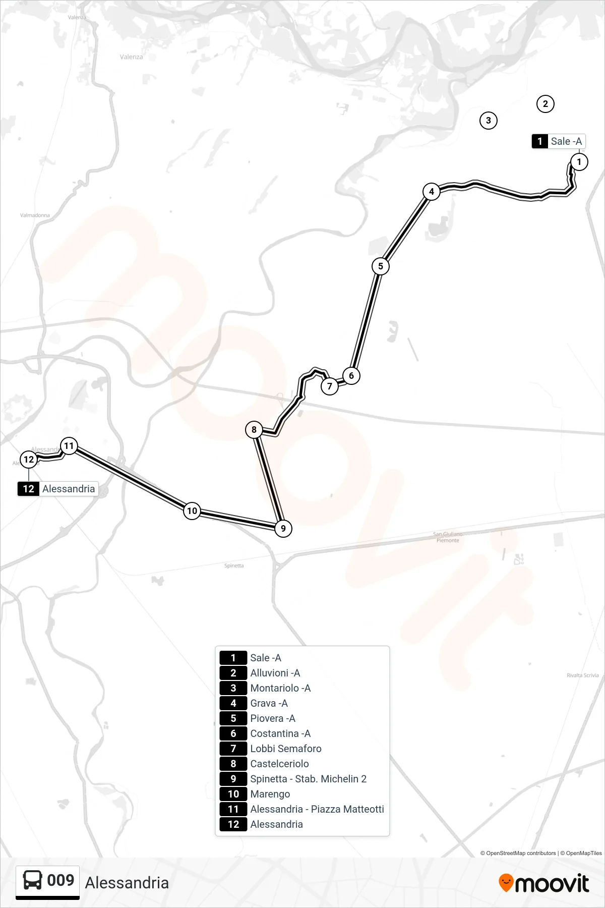 Linea 009  bus (Alessandria) - Percorsi e fermate sulla mappa
