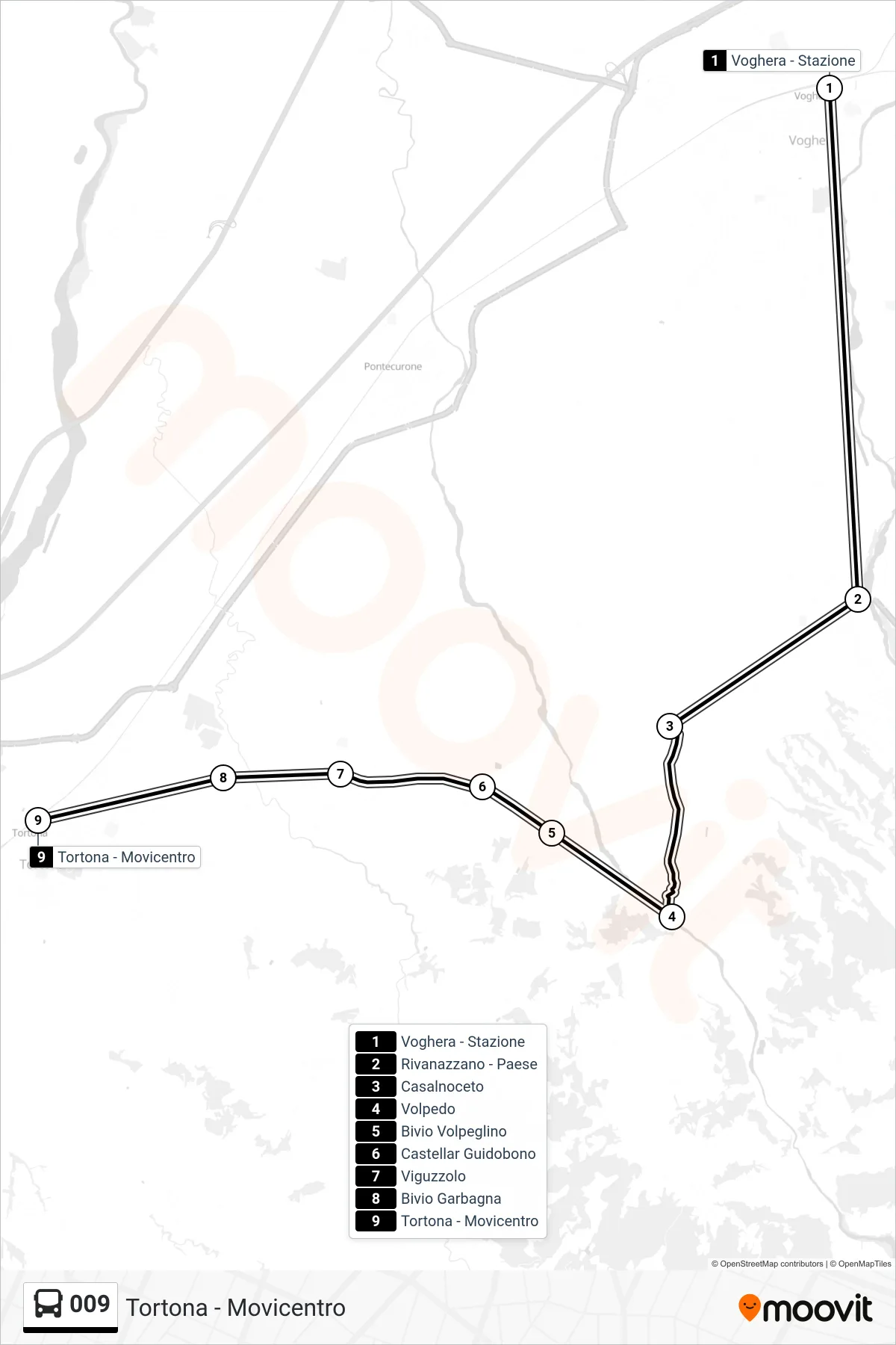 Linea 009  bus (Tortona - Movicentro) - Percorsi e fermate sulla mappa