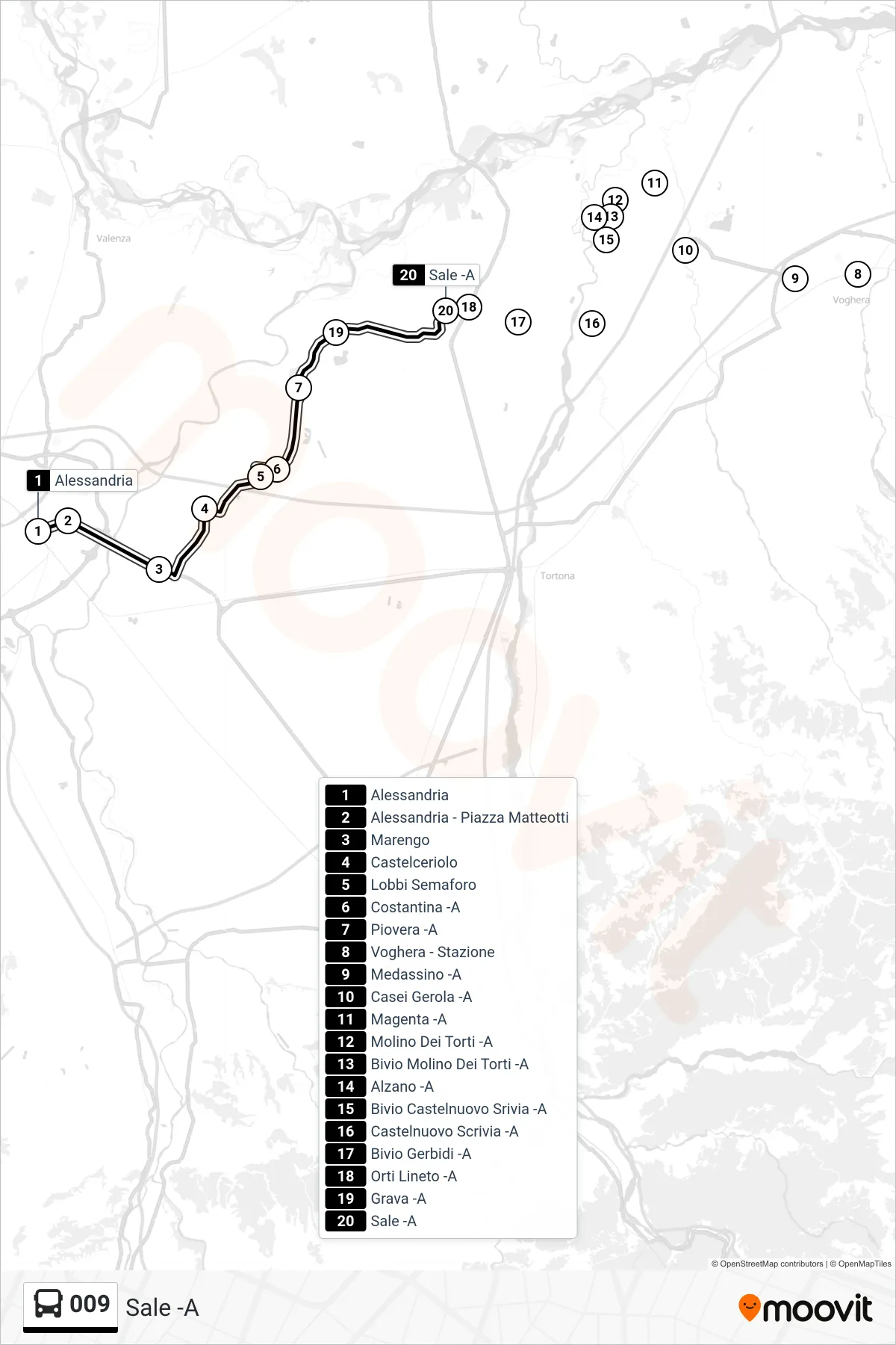 Linea 009  bus (Sale -A) - Percorsi e fermate sulla mappa