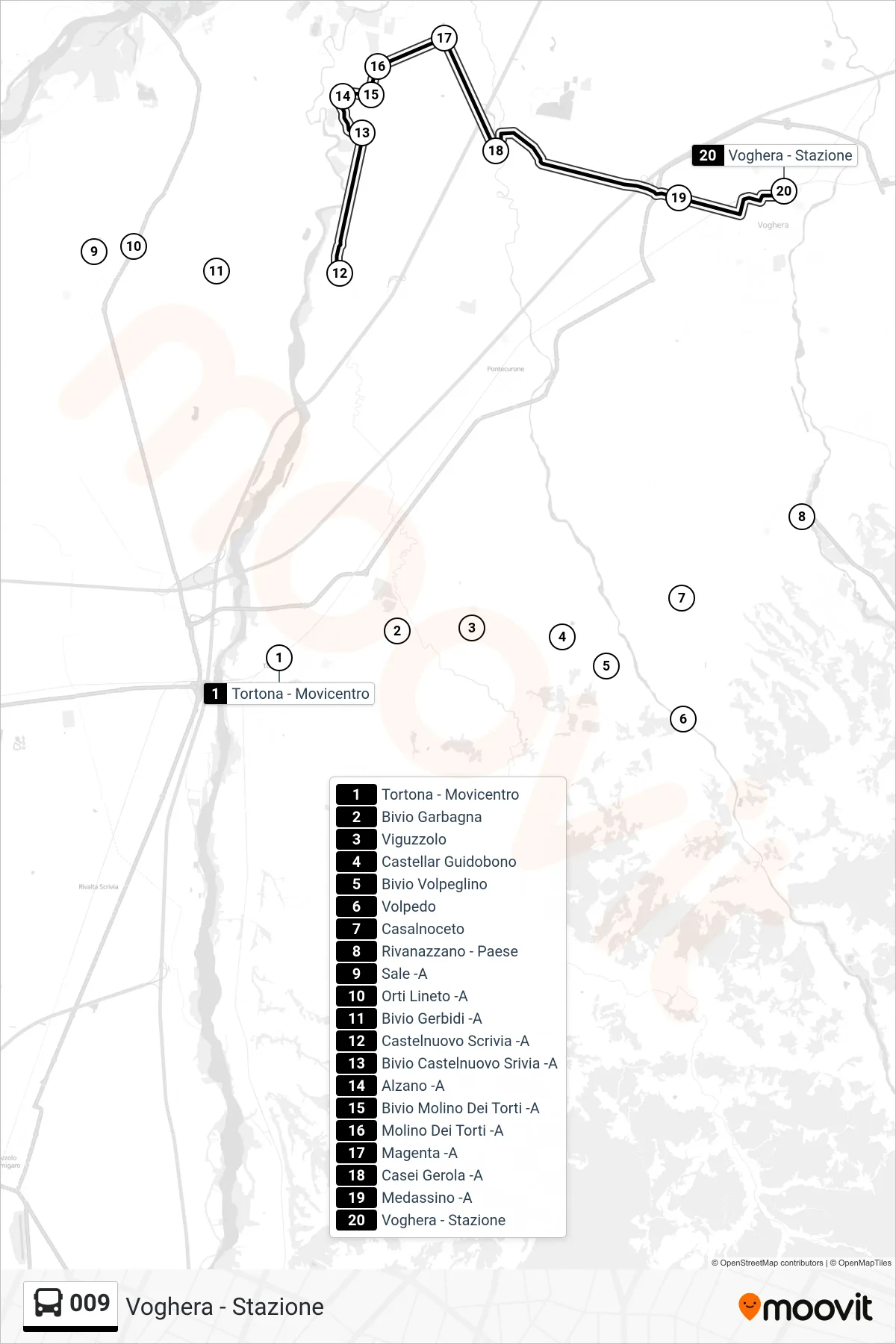Linea 009 bus (Voghera - Stazione) - Percorsi e fermate sulla mappa