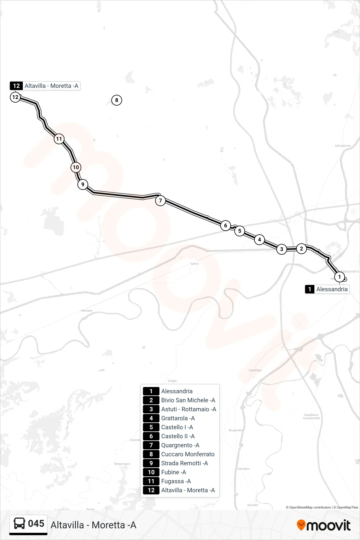 Linea 045  bus (Altavilla - Moretta -A) - Percorsi e fermate sulla mappa