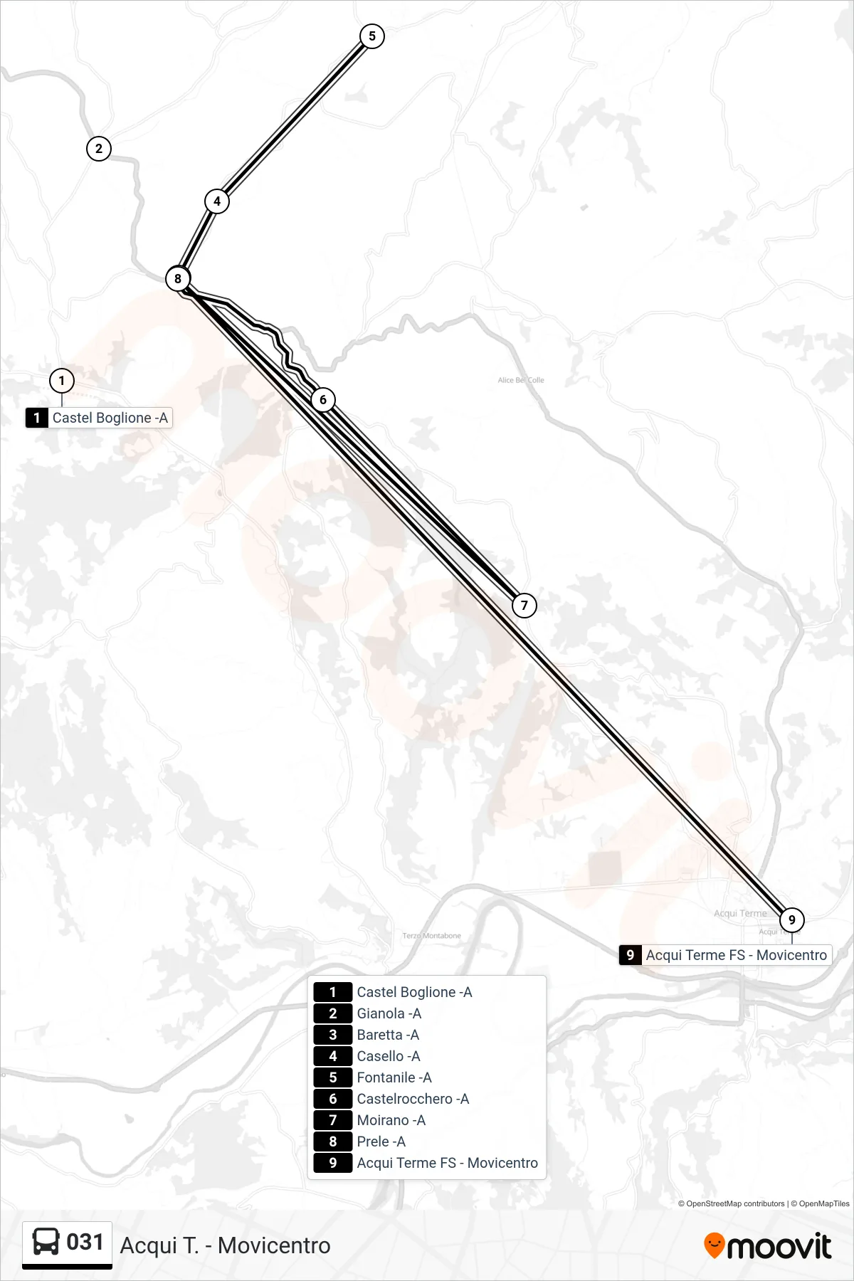 Linea 031  bus (Acqui T. - Movicentro) - Percorsi e fermate sulla mappa