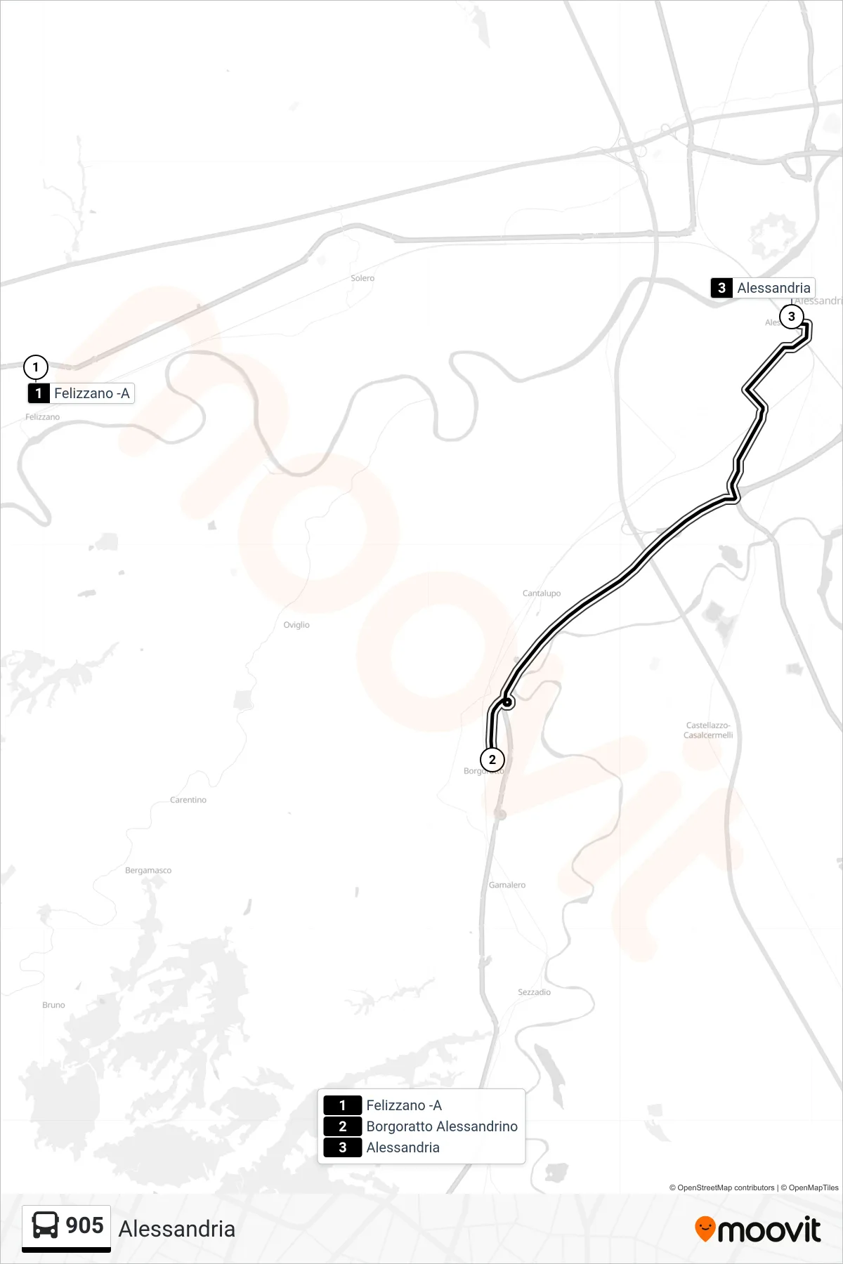 Linea 905  bus (Alessandria) - Percorsi e fermate sulla mappa