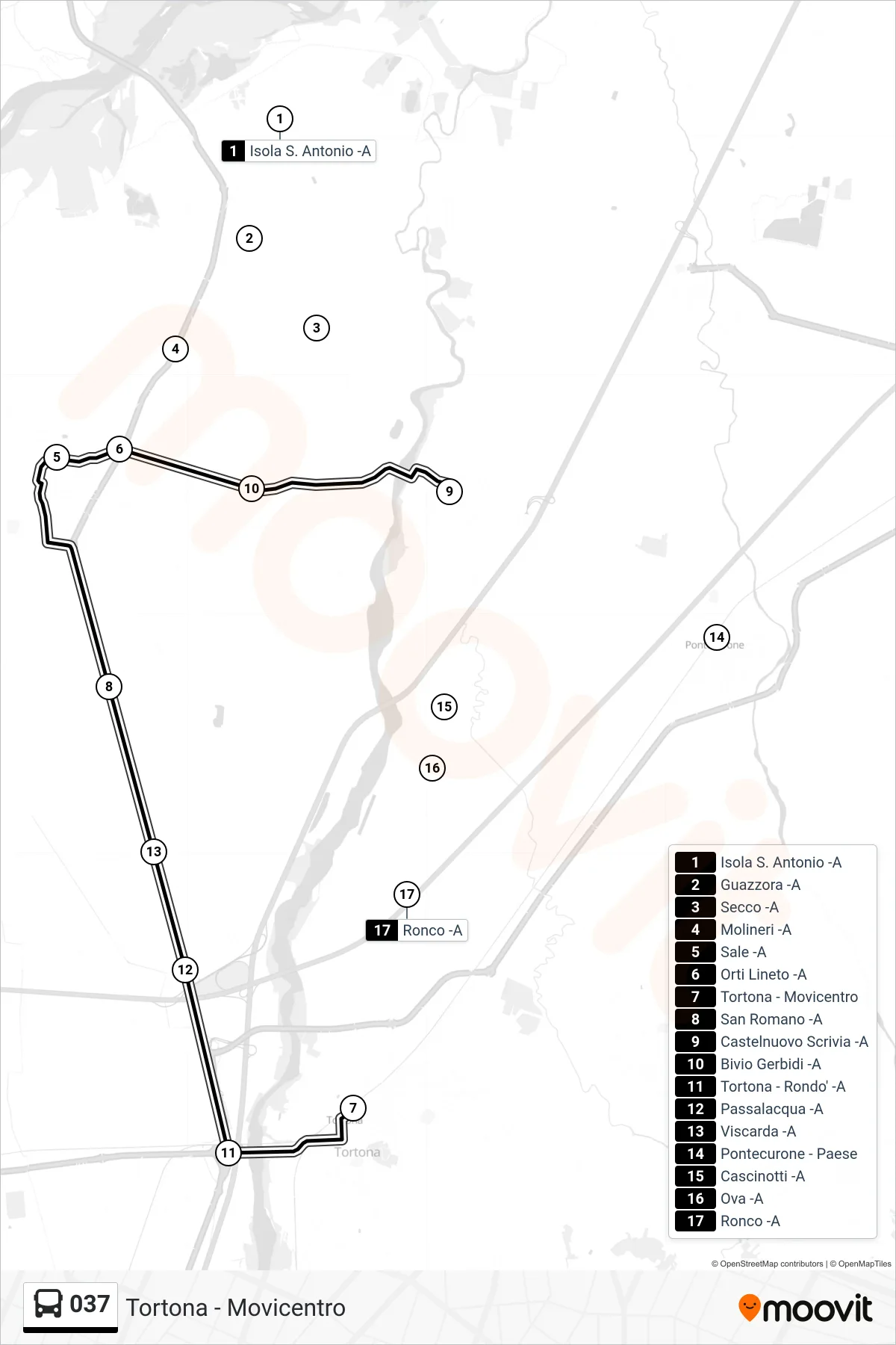 Linea 037 bus (Tortona - Movicentro) - Percorsi e fermate sulla mappa