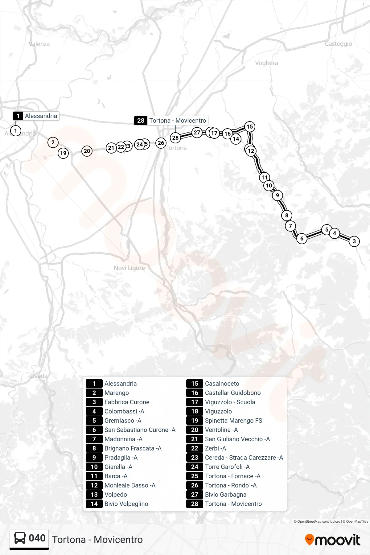 Linea 040  bus (Tortona - Movicentro) - Percorsi e fermate sulla mappa