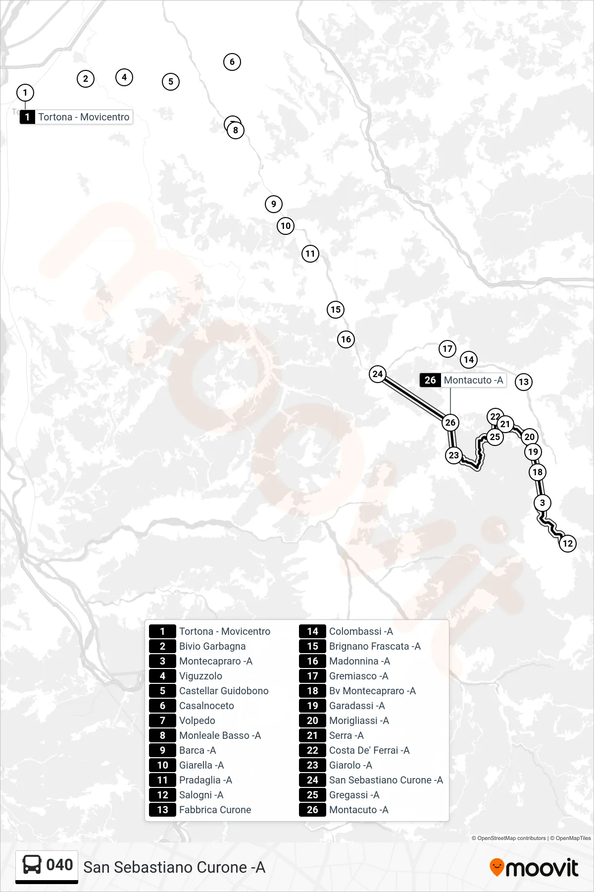 Linea 040 bus (San Sebastiano Curone -A) - Percorsi e fermate sulla mappa