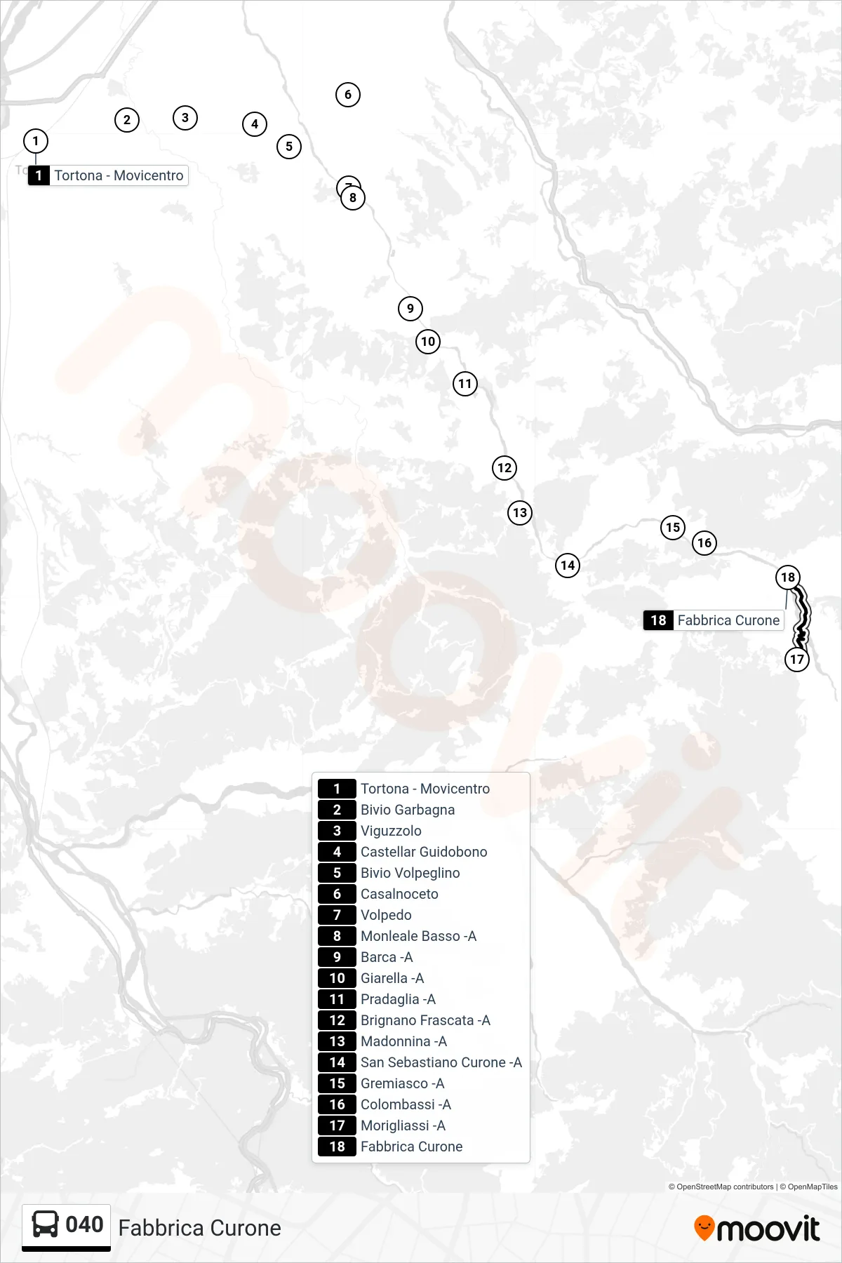 Linea 040  bus (Fabbrica Curone) - Percorsi e fermate sulla mappa