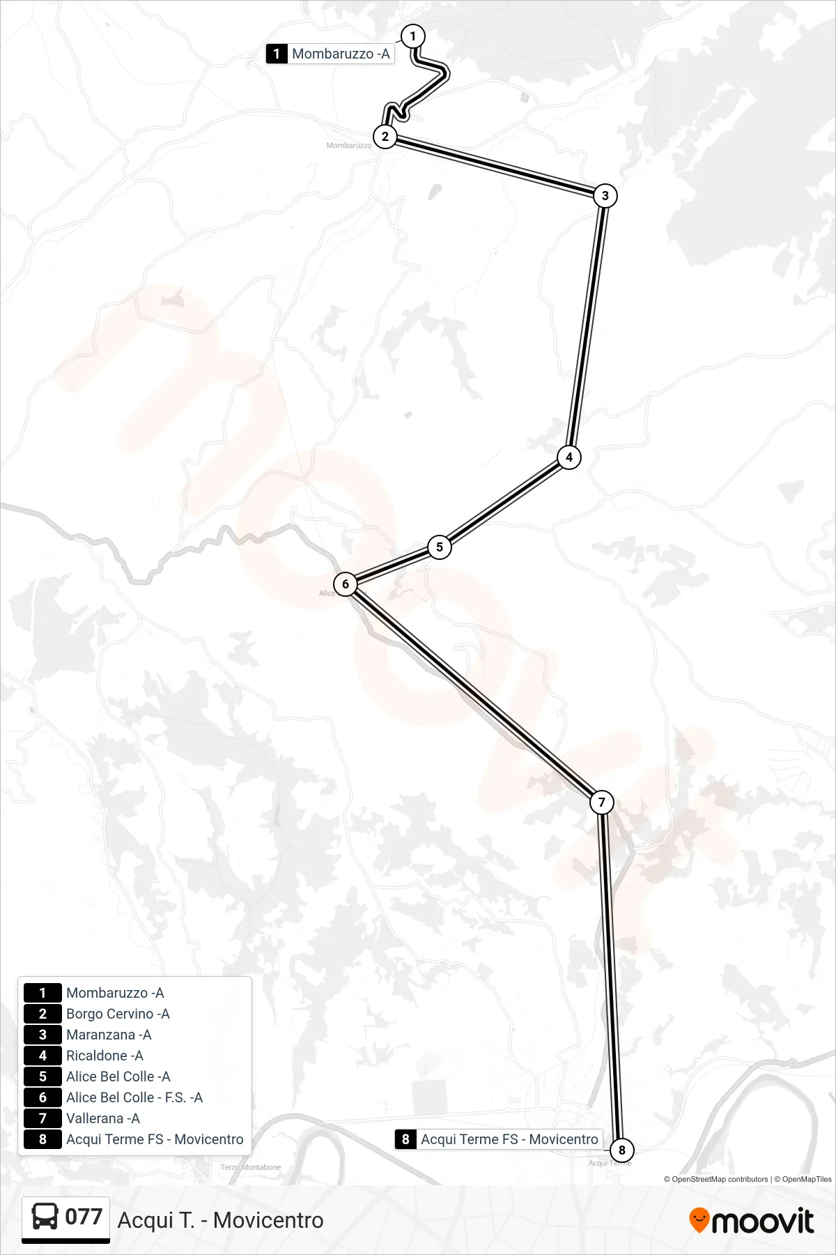 Linea 077 bus (Acqui T. - Movicentro) - Percorsi e fermate sulla mappa