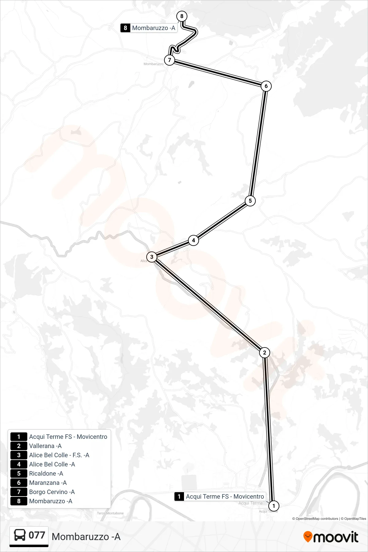 Linea 077 bus (Mombaruzzo -A) - Percorsi e fermate sulla mappa