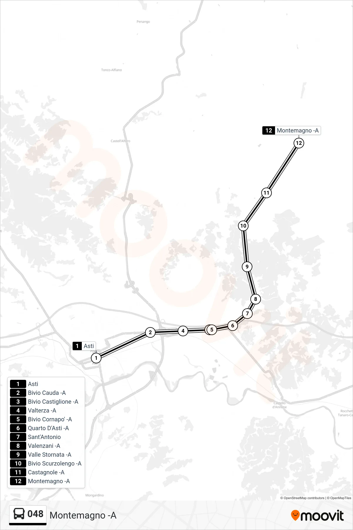 Linea 048 bus (Montemagno -A) - Percorsi e fermate sulla mappa