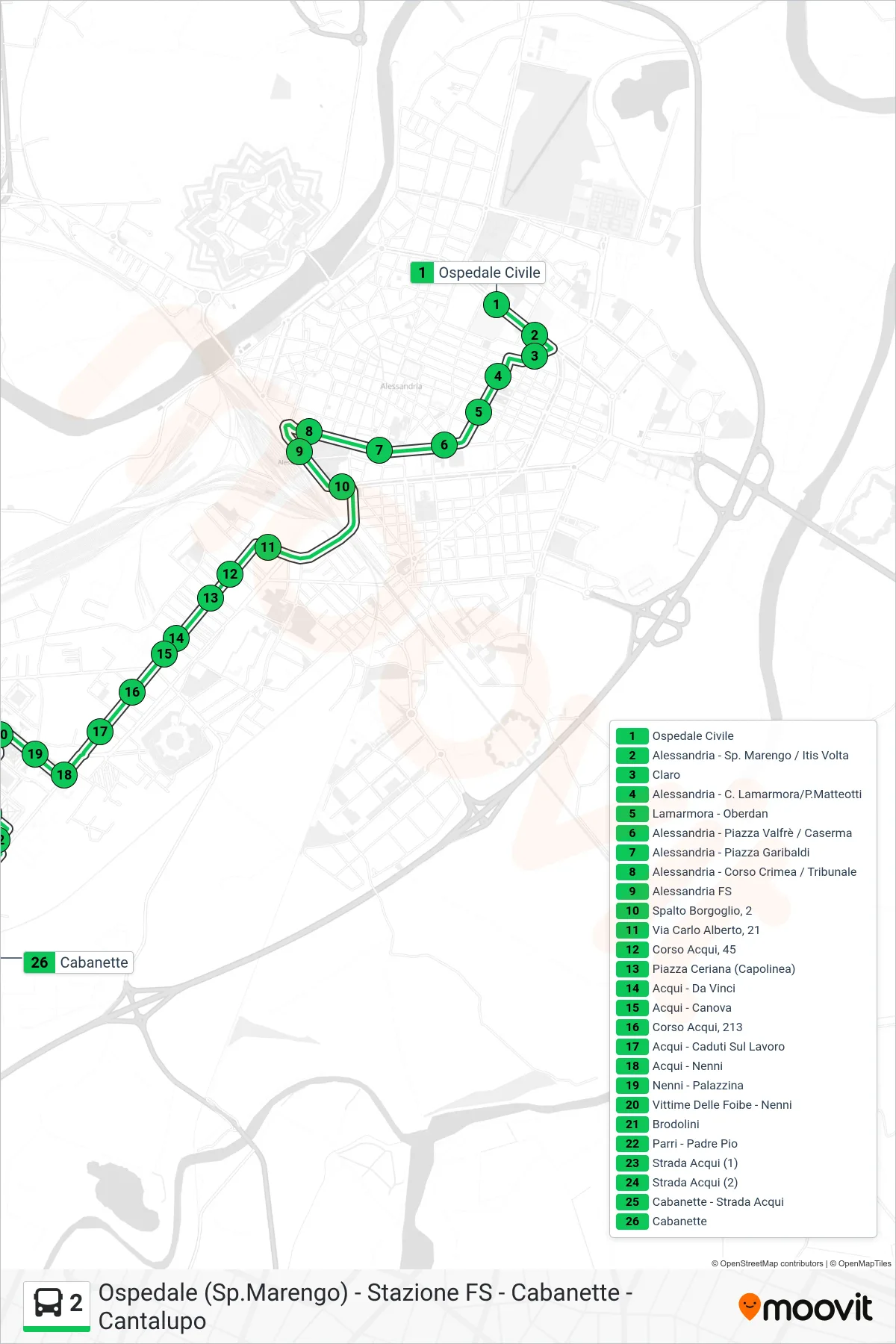 Linea 2 bus (Cabanette (C. Riposo)) - Percorsi e fermate sulla mappa