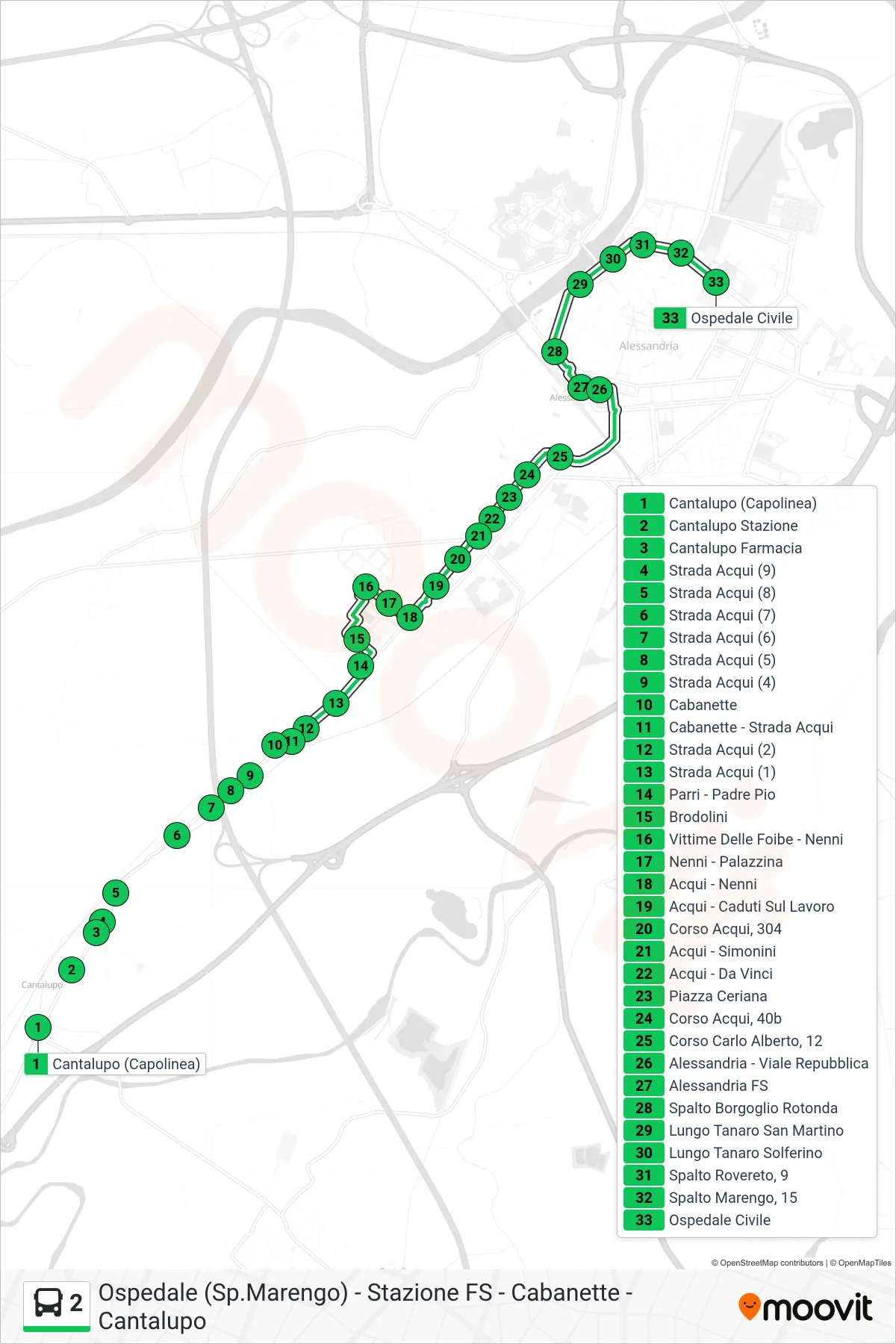 Linea 2 bus (Spalto Marengo (Ospedale)) - Percorsi e fermate sulla mappa