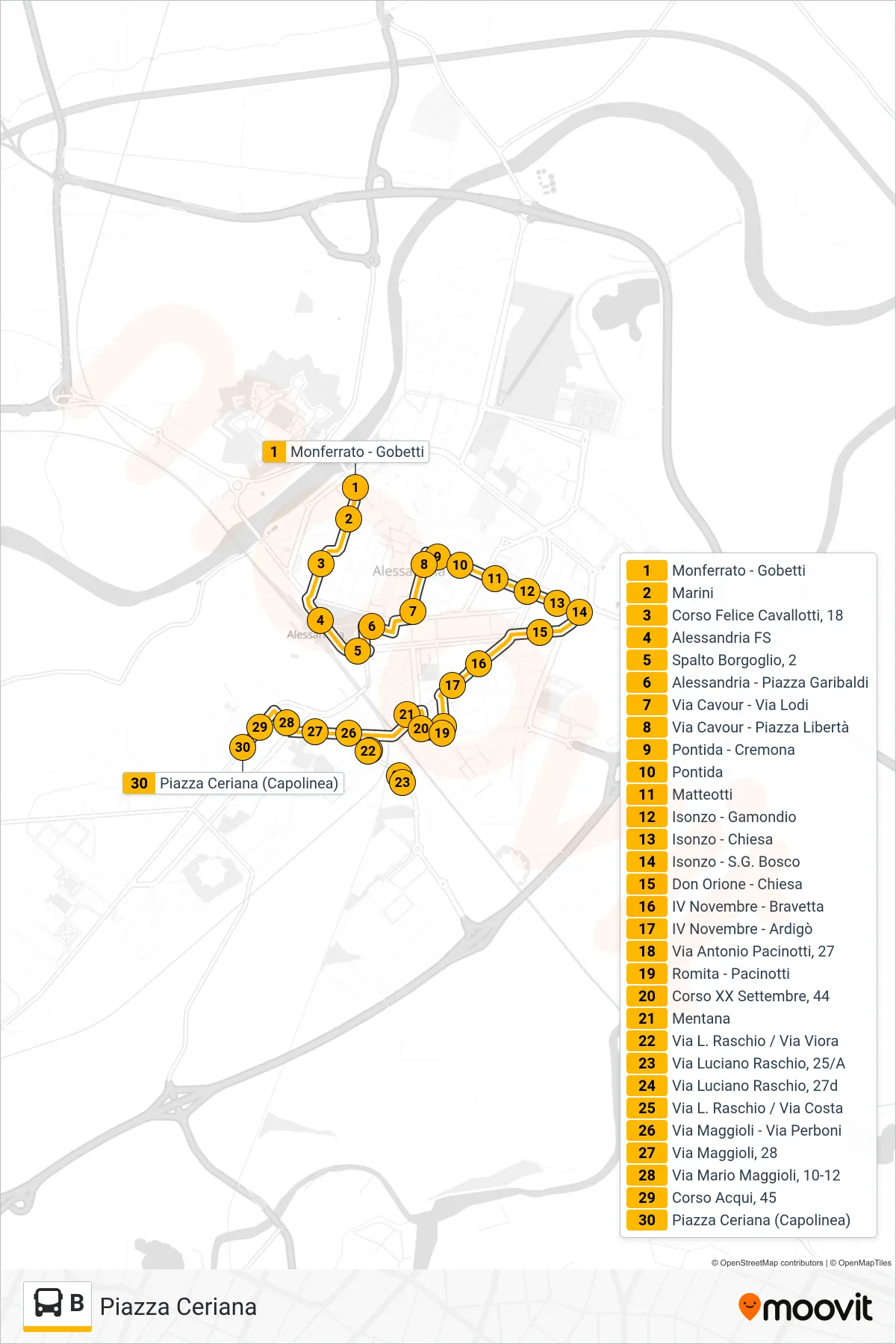 Linea B bus (Piazza Ceriana) - Percorsi e fermate sulla mappa