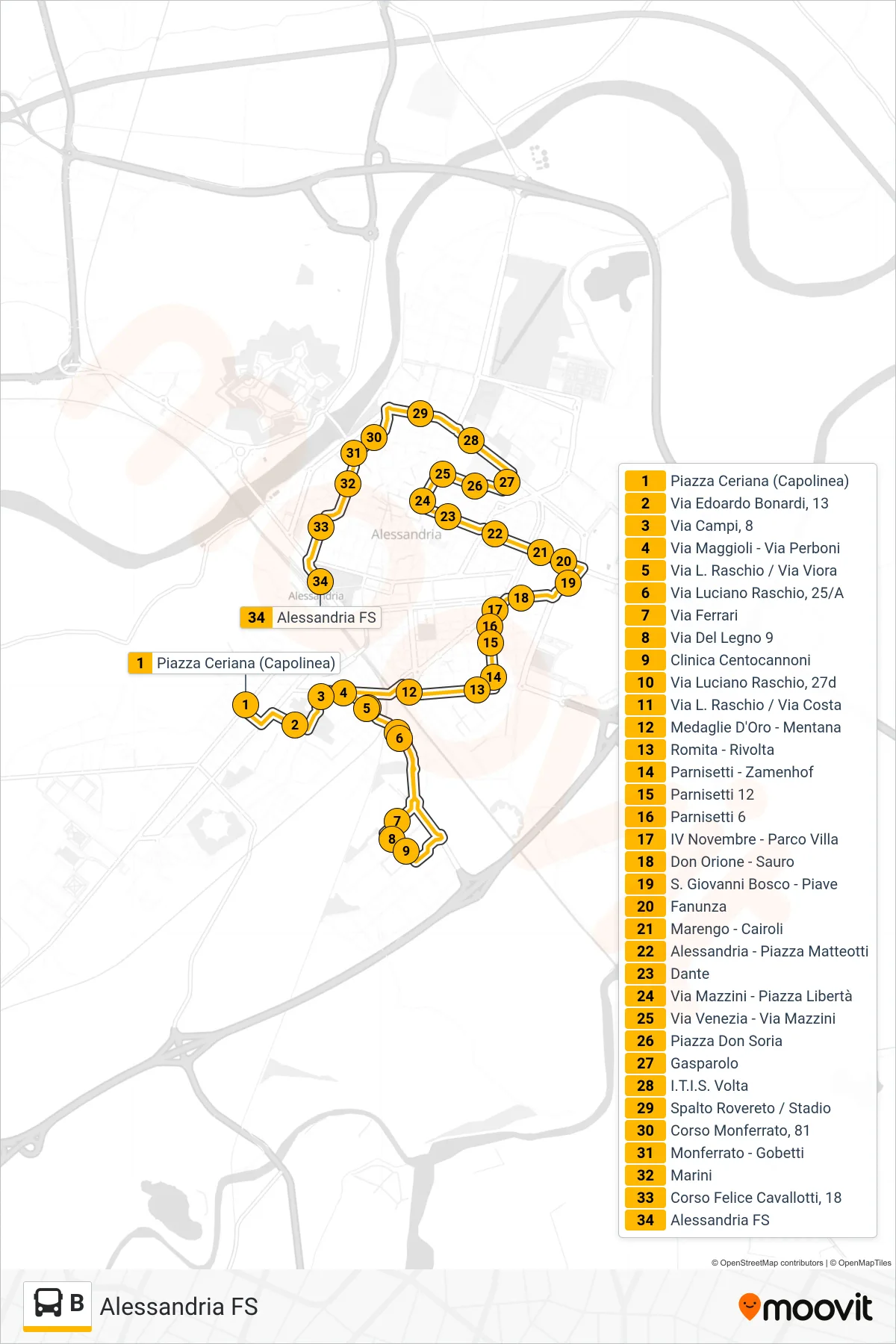 Linea B  bus (Alessandria FS) - Percorsi e fermate sulla mappa