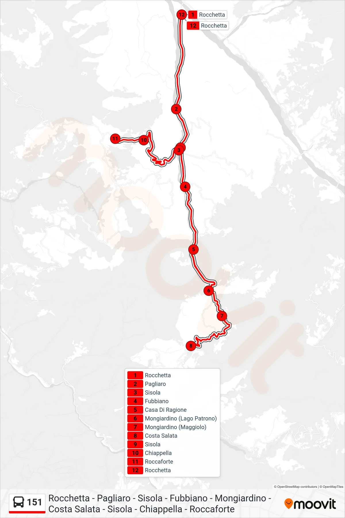 Linea 151  bus (Mongiardino - Roccaforte - Rocchetta) - Percorsi e fermate sulla mappa