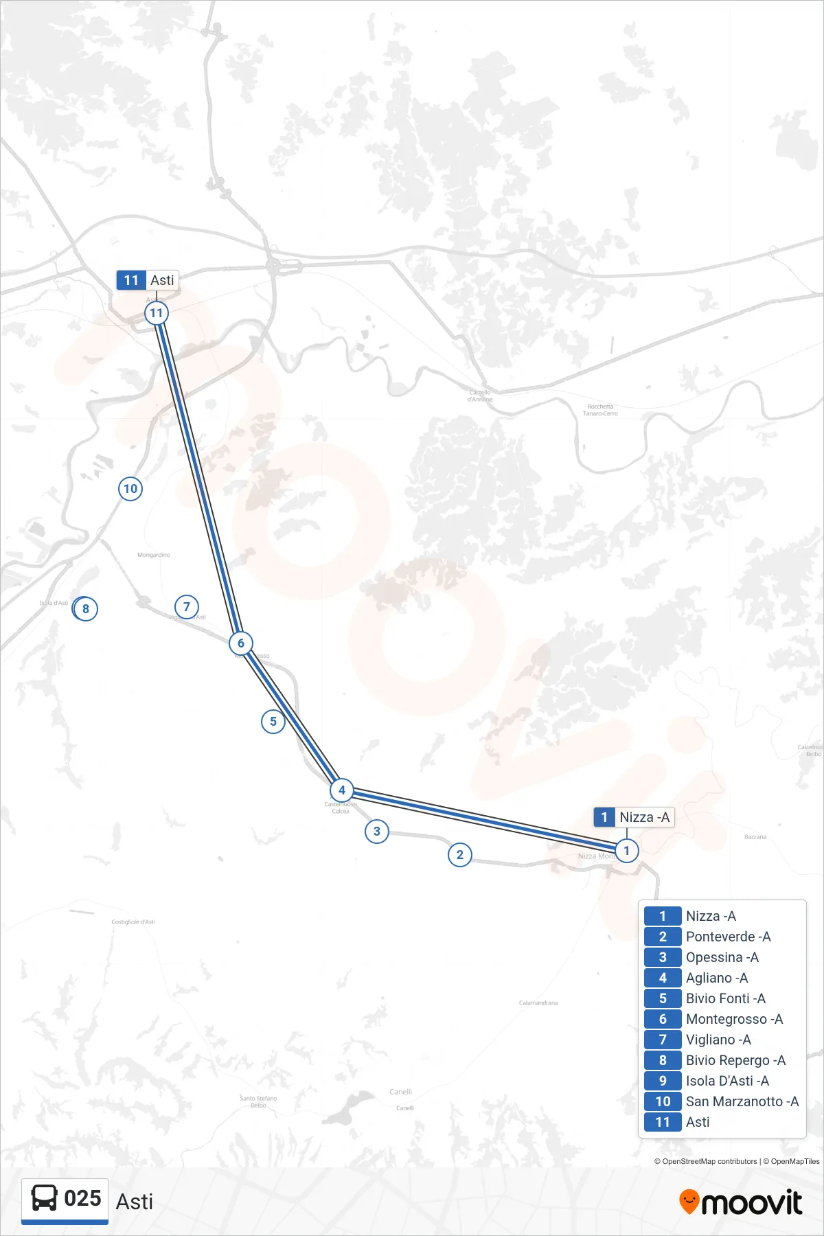 Linea 025 bus (Asti) - Percorsi e fermate sulla mappa